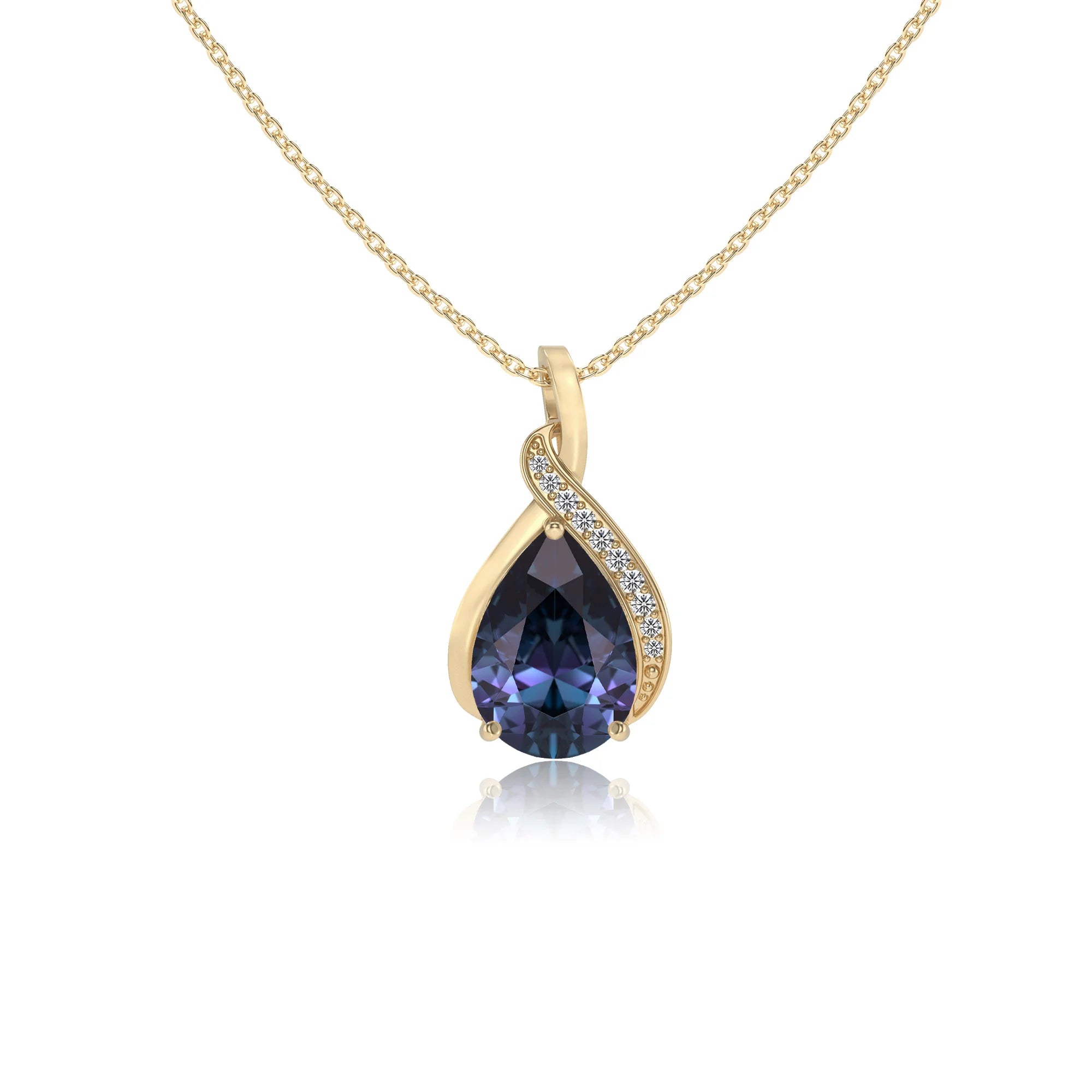 lab grown alexandrite pear solitaire necklaces in yellow gold