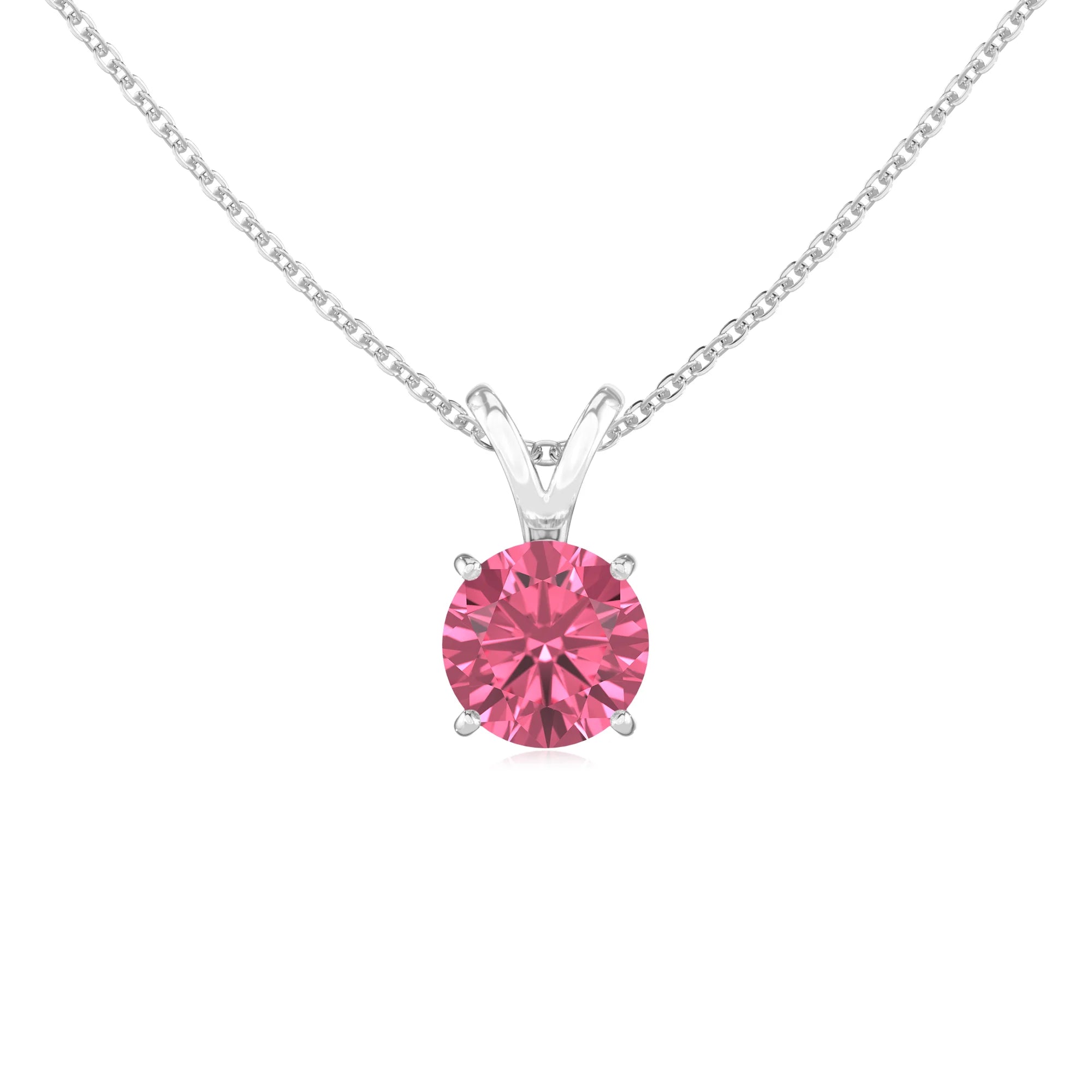 lab grown pink-tourmaline round solitaire v-bale necklaces in platinum