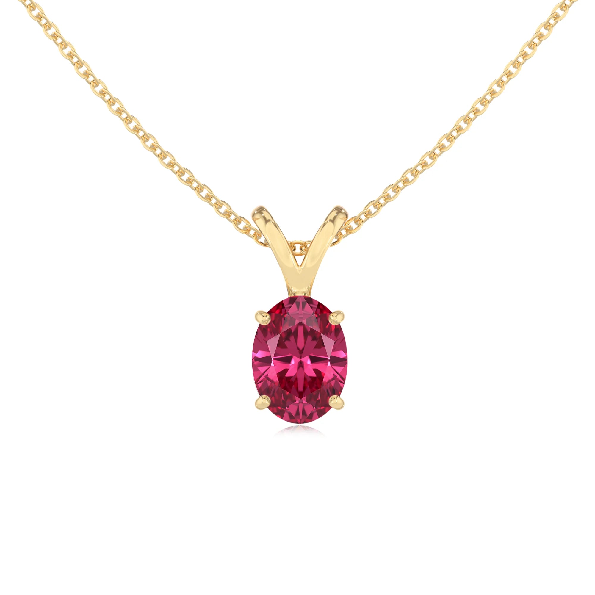lab grown pink-tourmaline oval solitaire v-bale necklaces in yellow gold