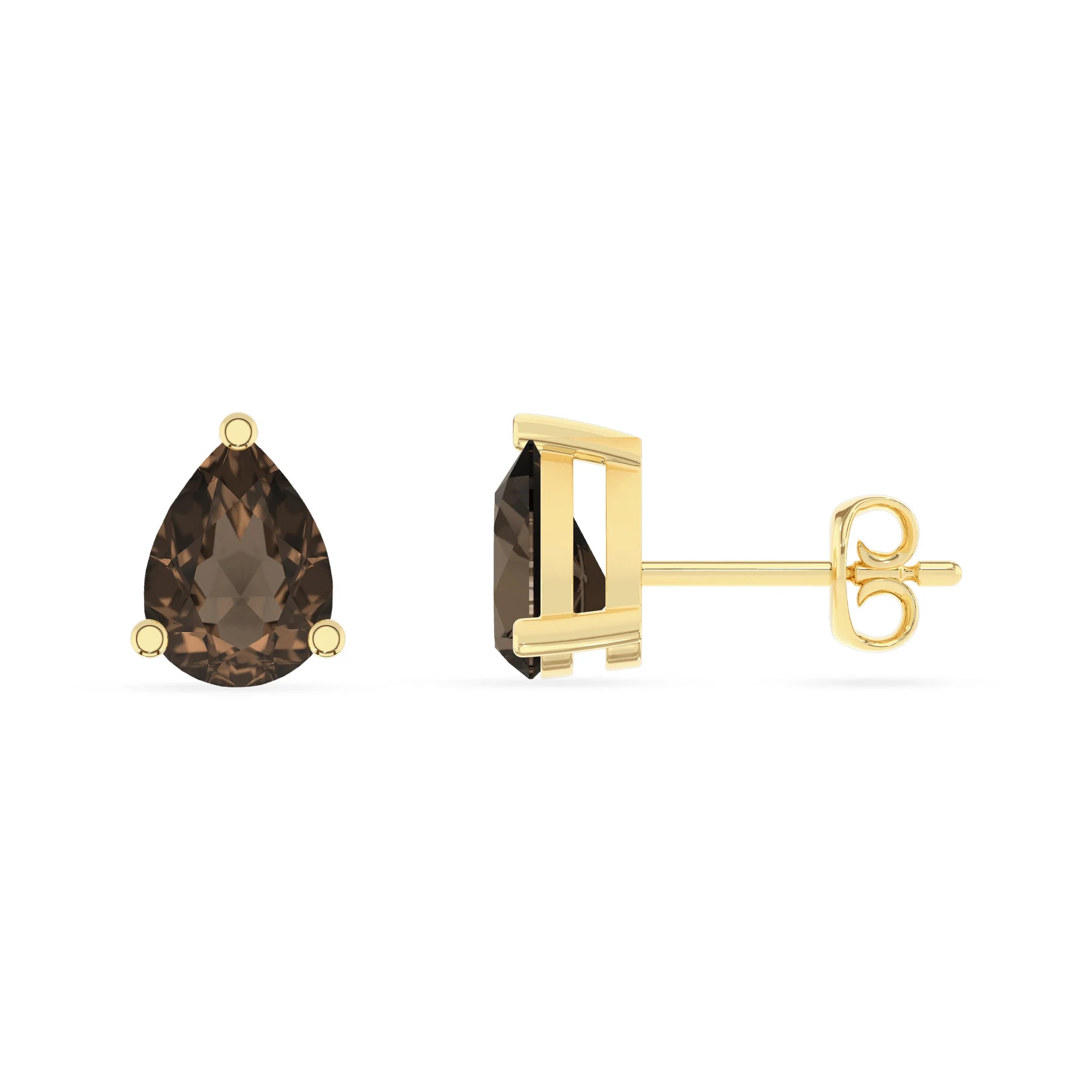 natural smoky quartz pear stud earrings in yellow gold