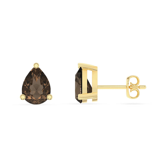 natural smoky quartz pear stud earrings in yellow gold