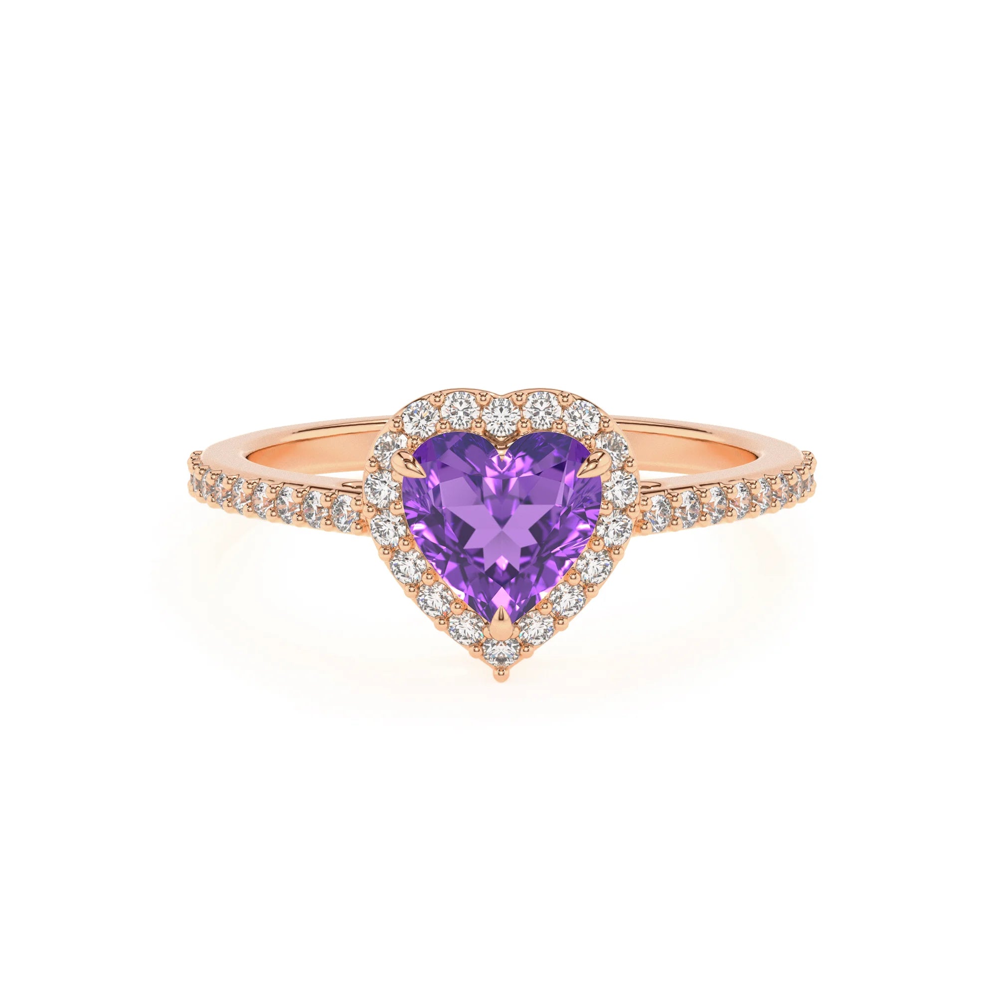 lab grown amethyst heart solitaire rings in rose gold