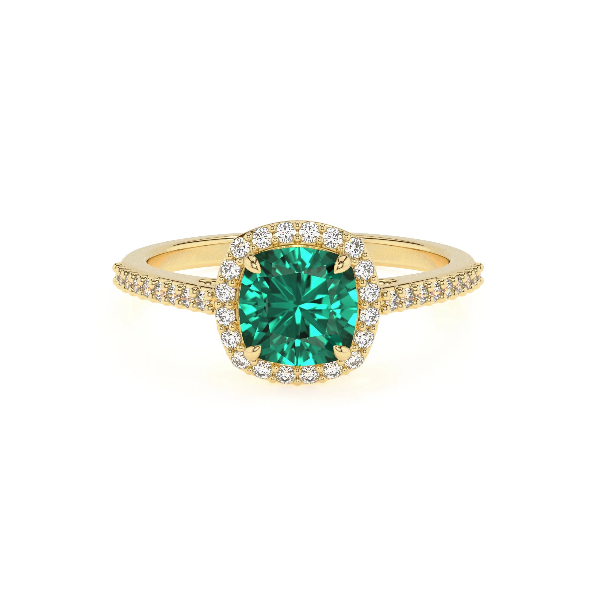 lab grown emerald cushion solitaire rings in yellow gold