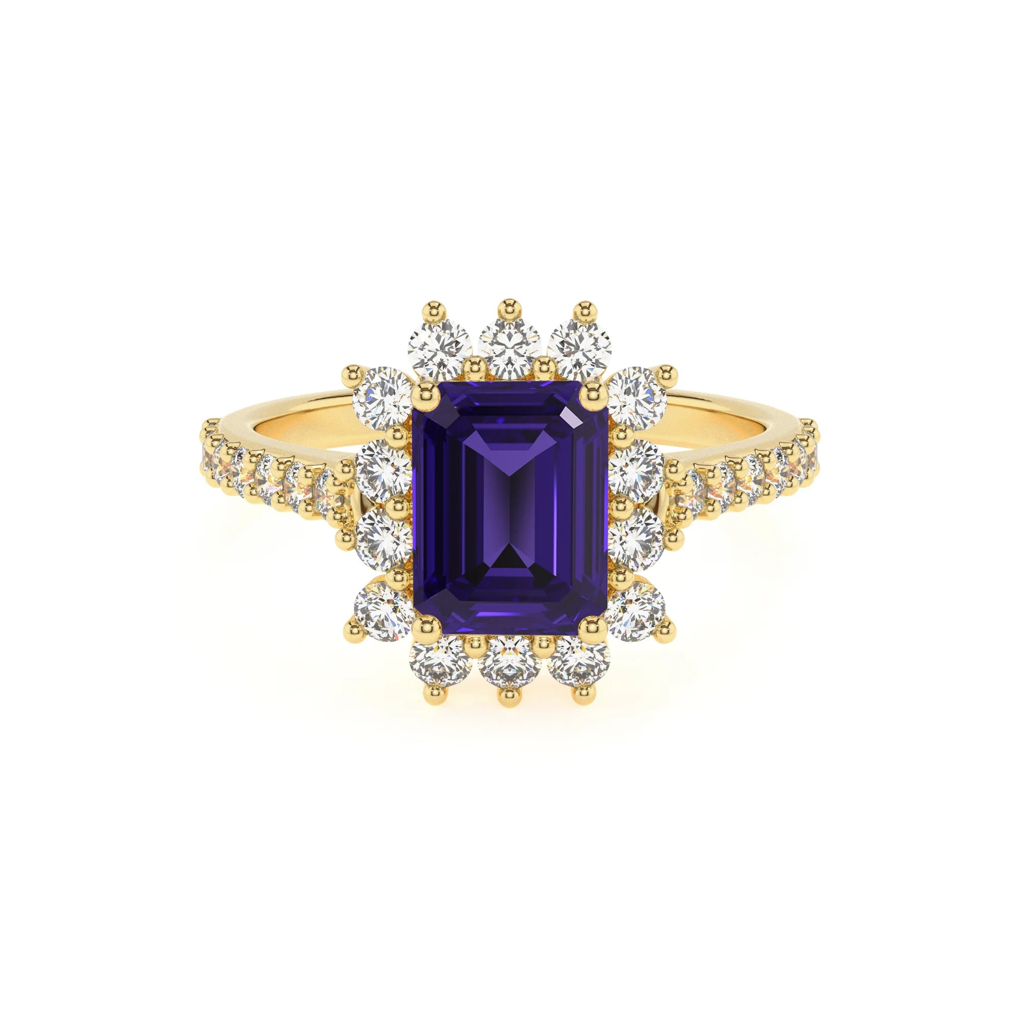 lab grown tanzanite emerald cut solitaire rings in yellow gold