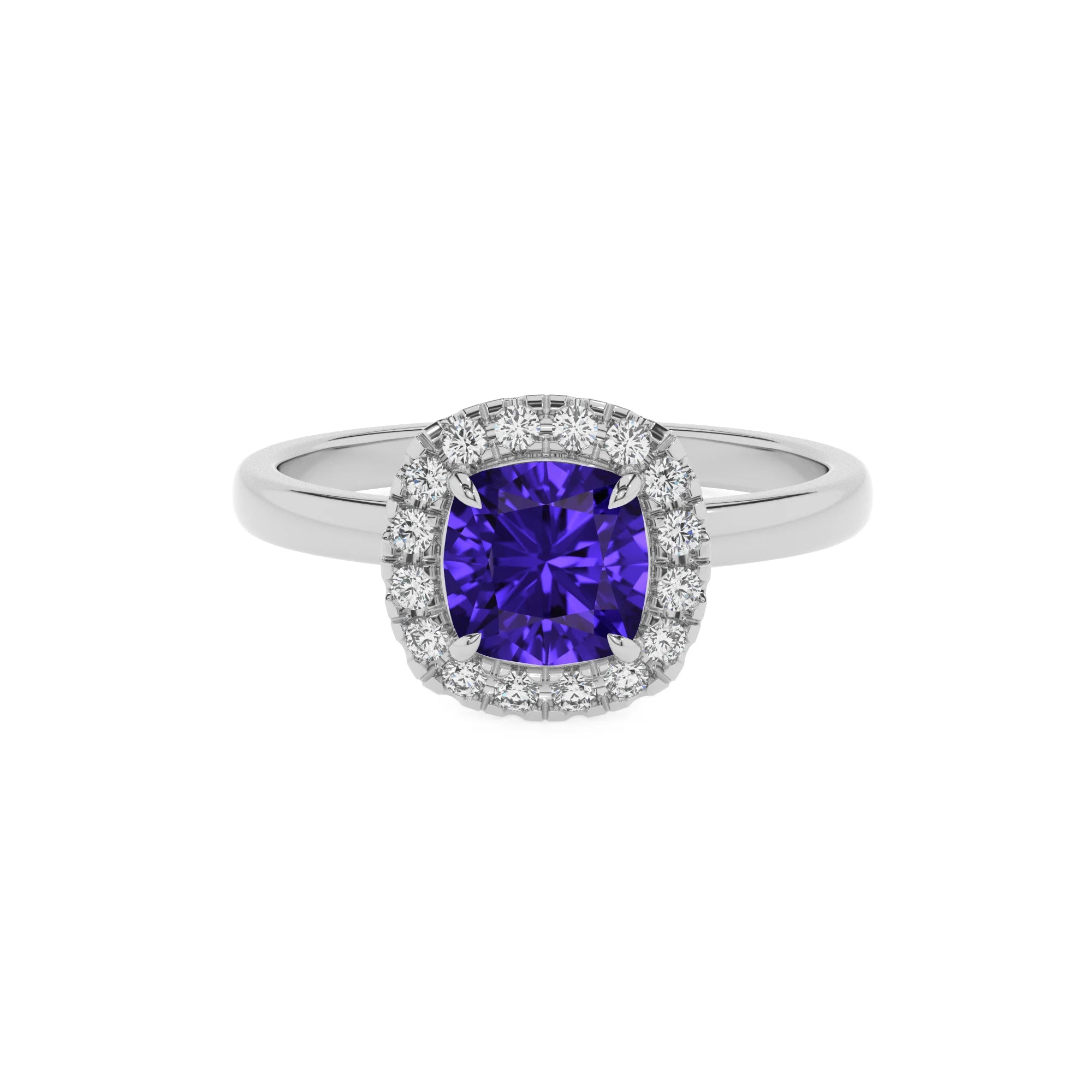 lab grown tanzanite cushion solitaire rings in platinum