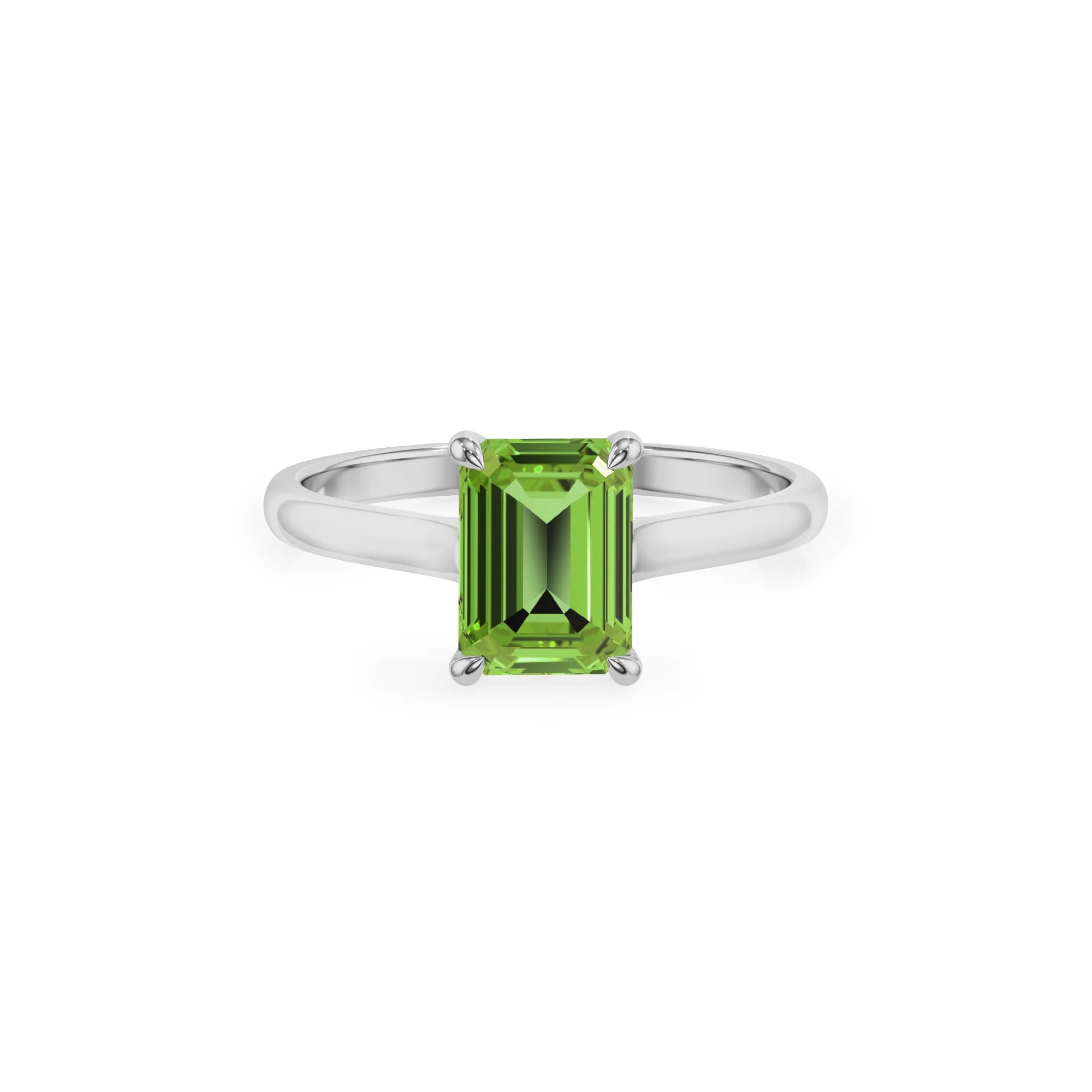 natural peridot emerald cut solitaire rings in platinum