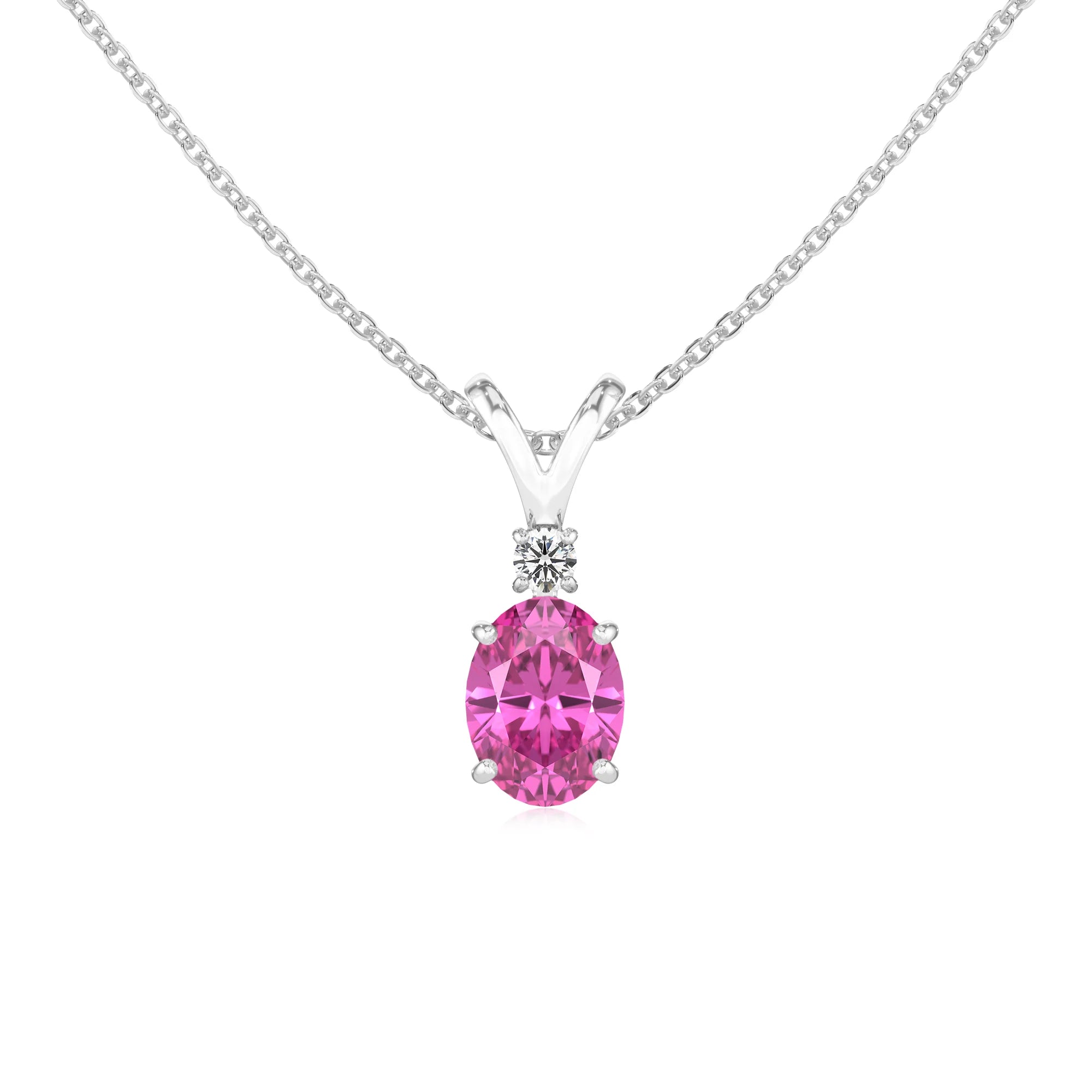 lab grown pink-sapphire oval solitaire v-bale necklaces in platinum