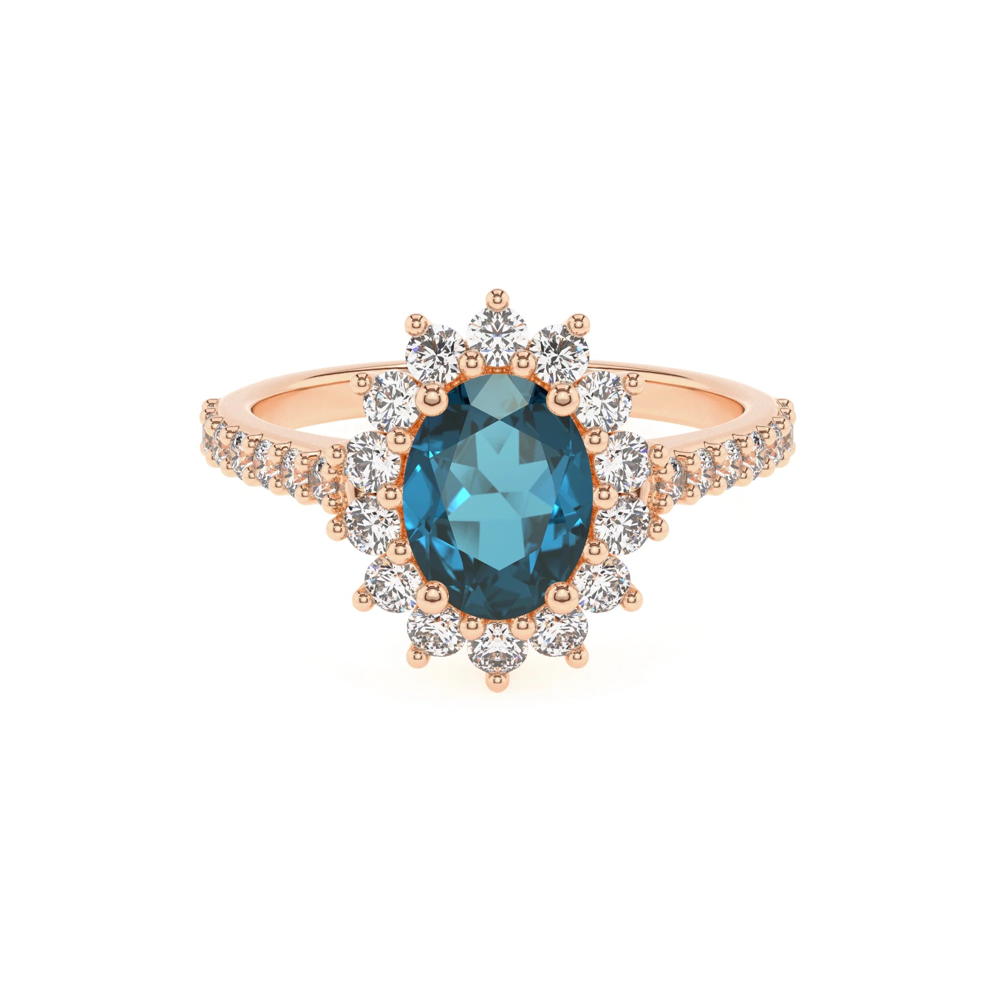 natural london-blue-topaz oval solitaire rings in rose gold