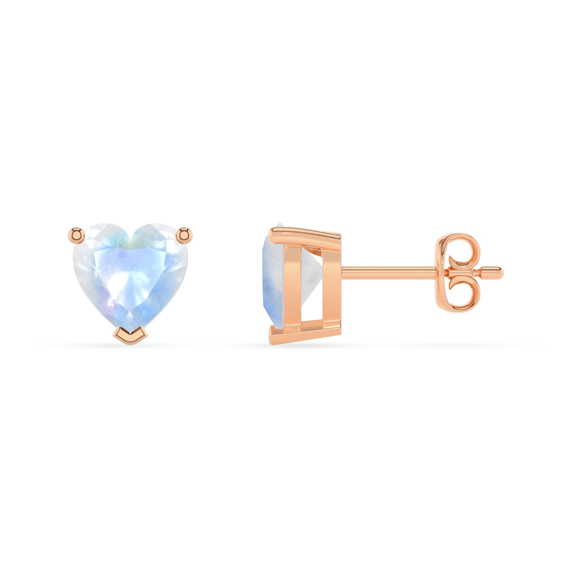 natural rainbow moonstone heart stud earrings in rose gold