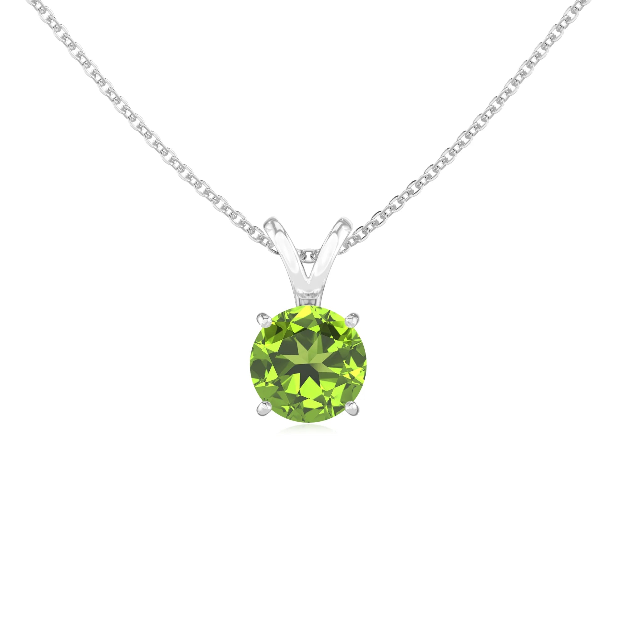 natural peridot round solitaire v-bale necklaces in platinum