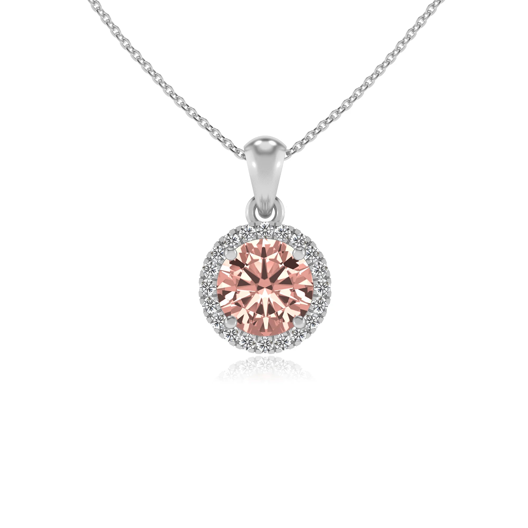 lab grown morganite round solitaire necklaces in white gold