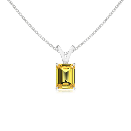 lab grown yellow-sapphire emerald cut solitaire v-bale necklaces in white gold