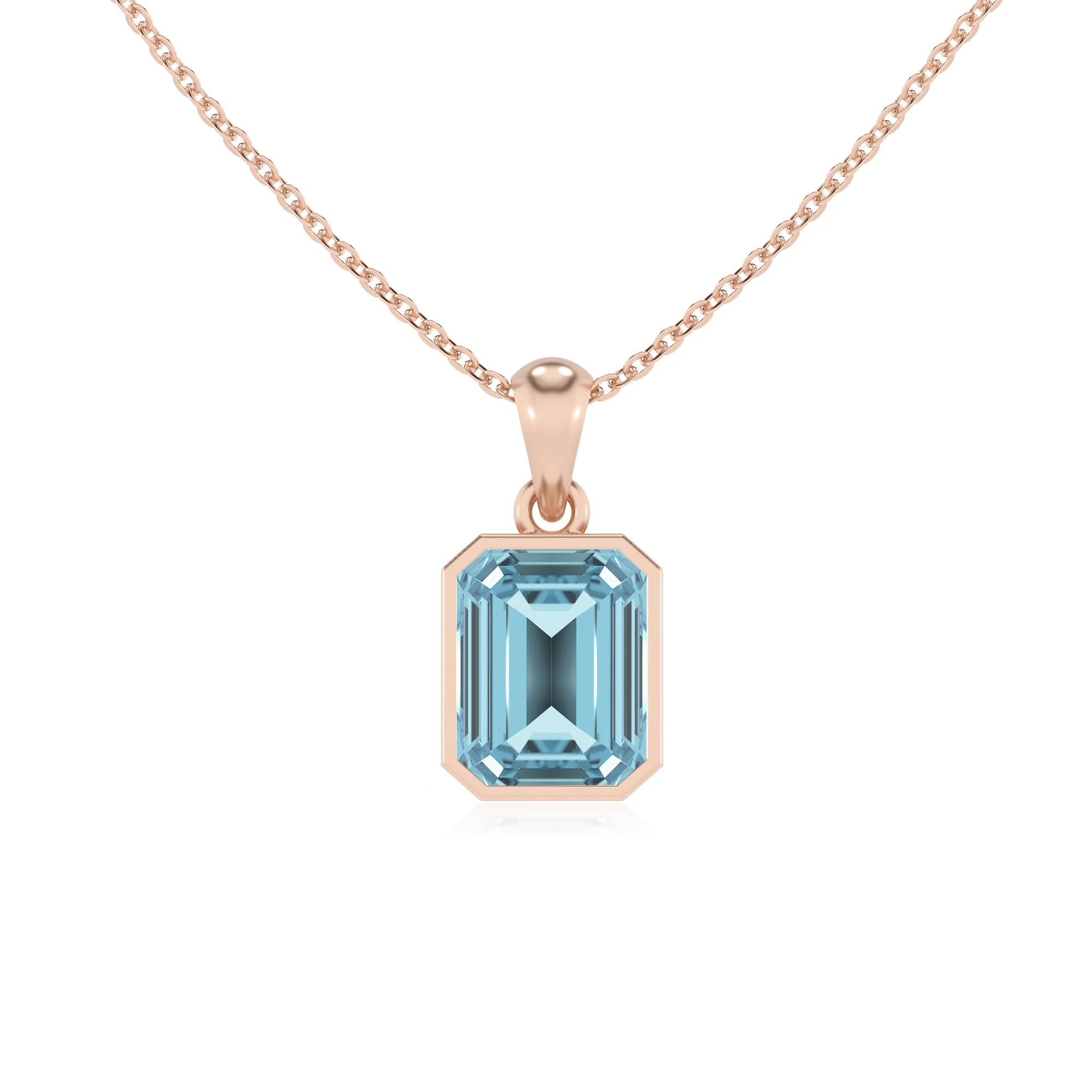 lab grown aquamarine emerald cut solitaire necklaces in rose gold