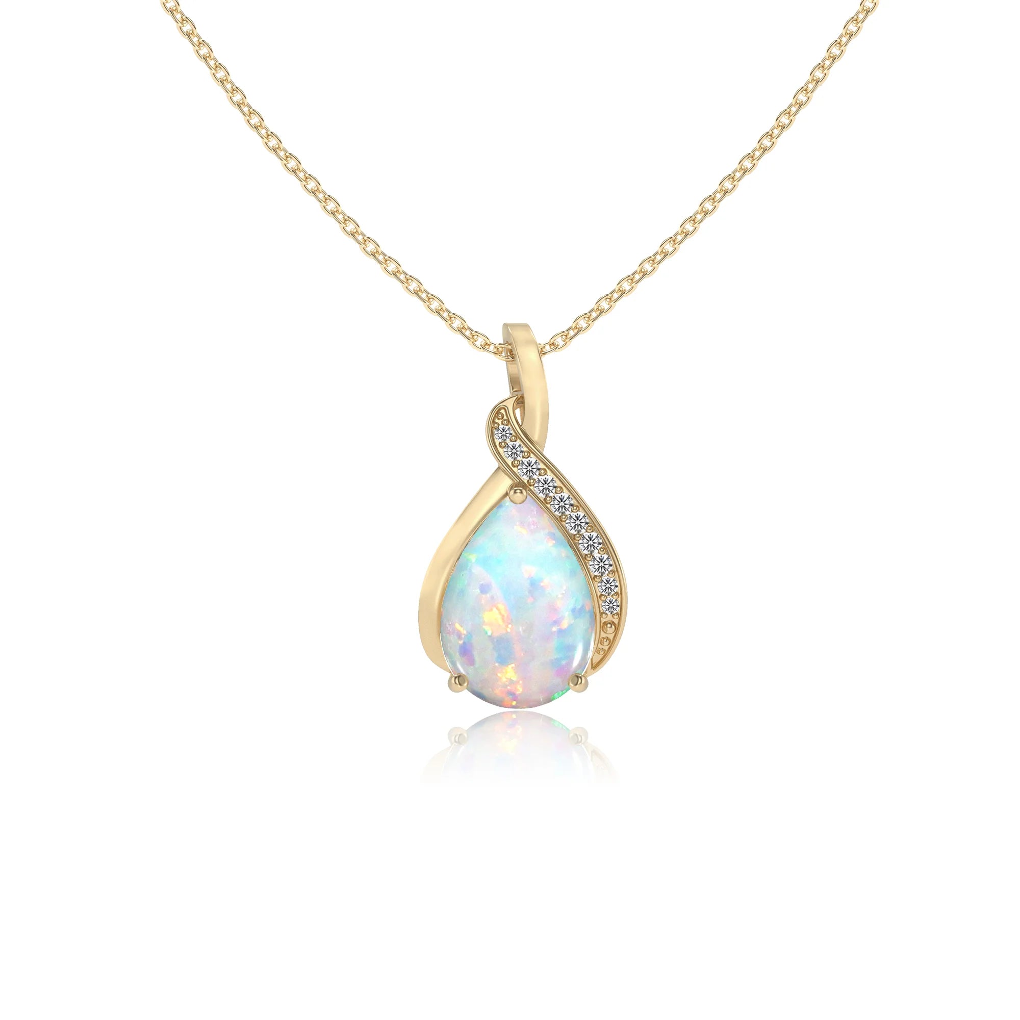 lab grown opal pear solitaire necklaces in yellow gold