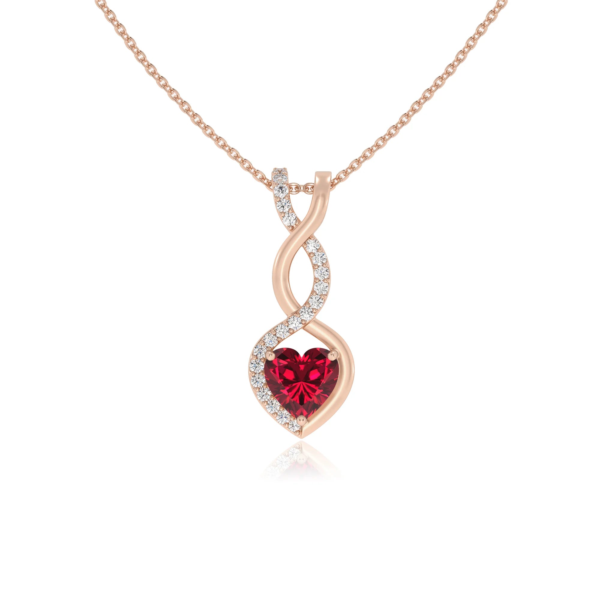 lab grown ruby heart infinity necklaces in rose gold