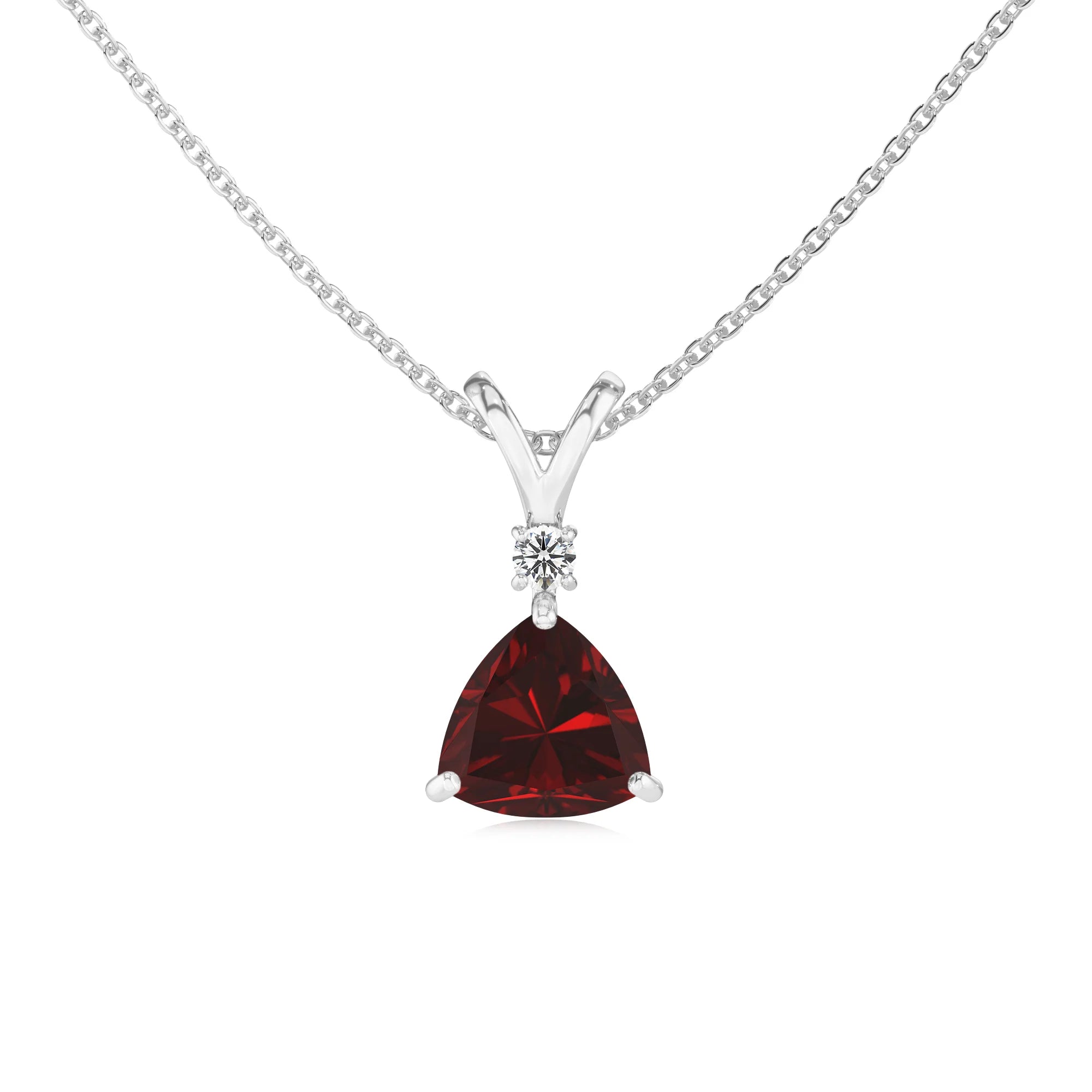 natural garnet trillion solitaire v-bale necklaces in sterling silver