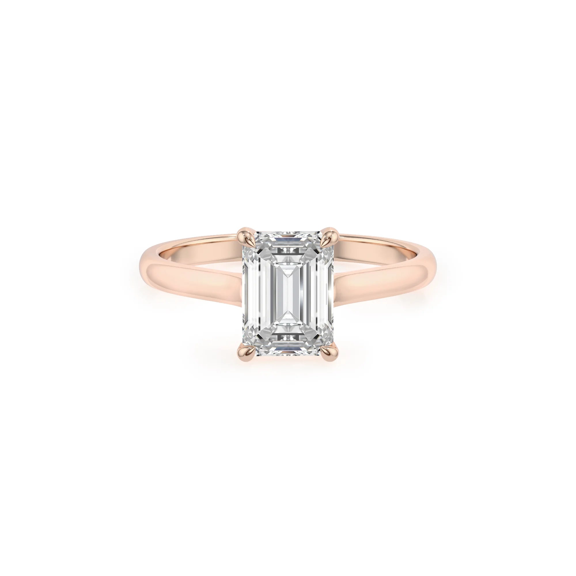 lab grown moissanite emerald cut solitaire rings in rose gold