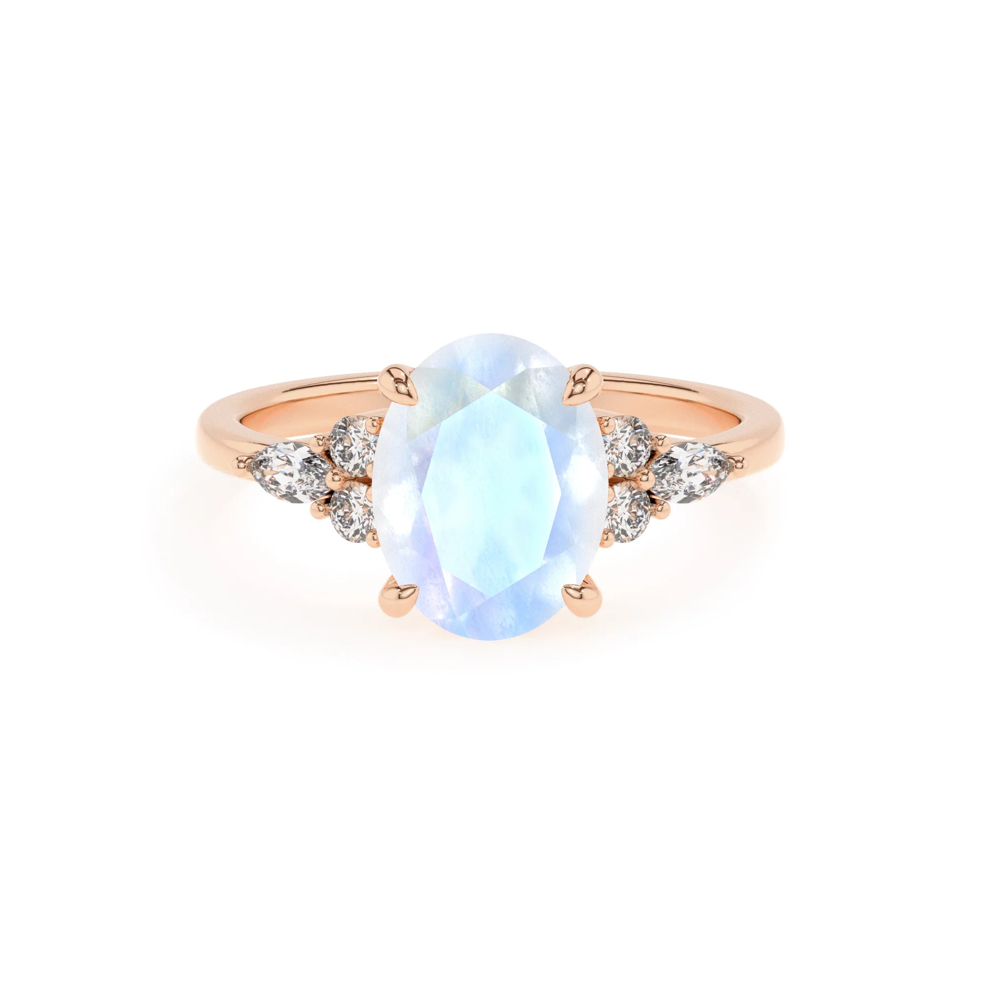 natural rainbow-moonstone oval solitaire rings in rose gold