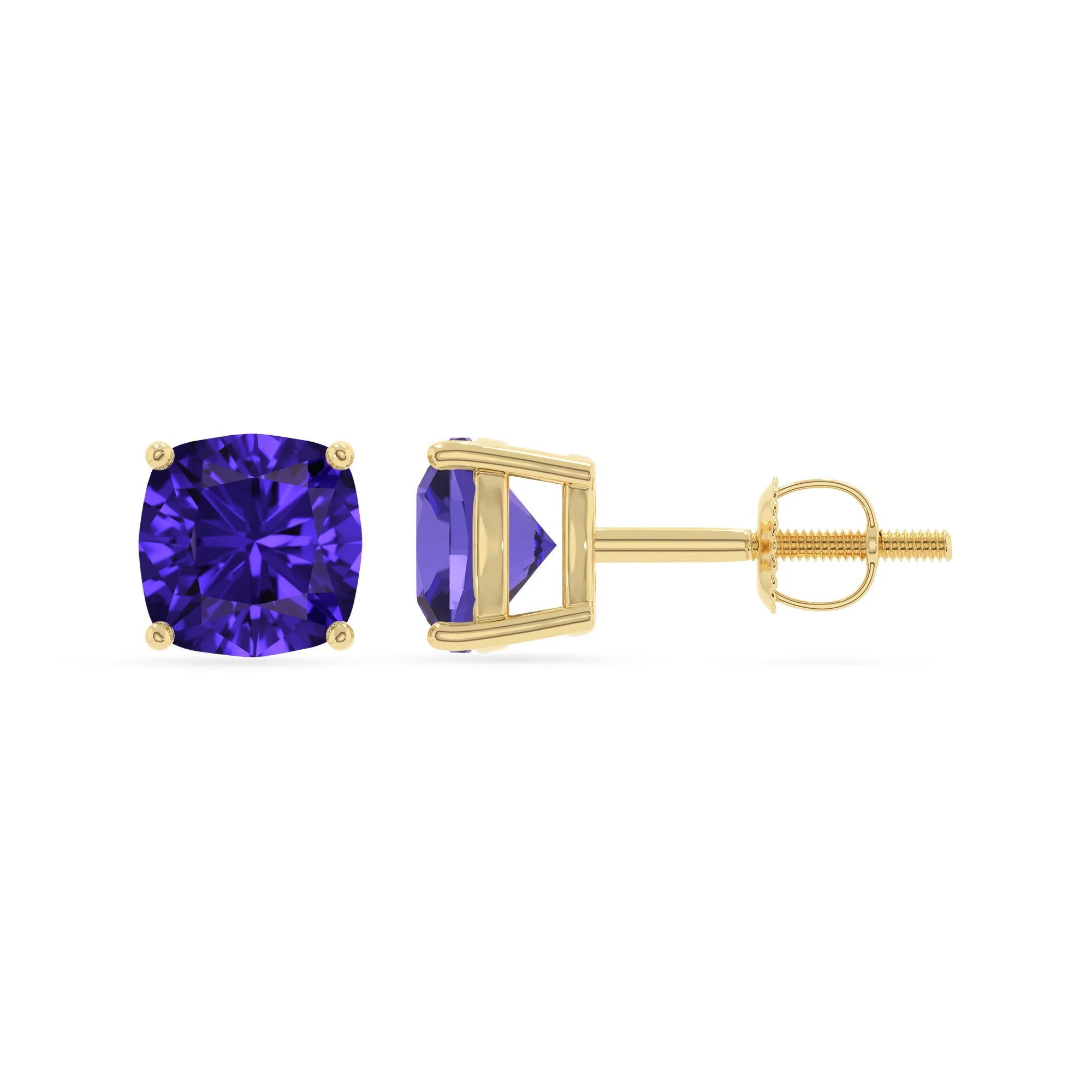 lab grown tanzanite cushion stud earrings in yellow gold