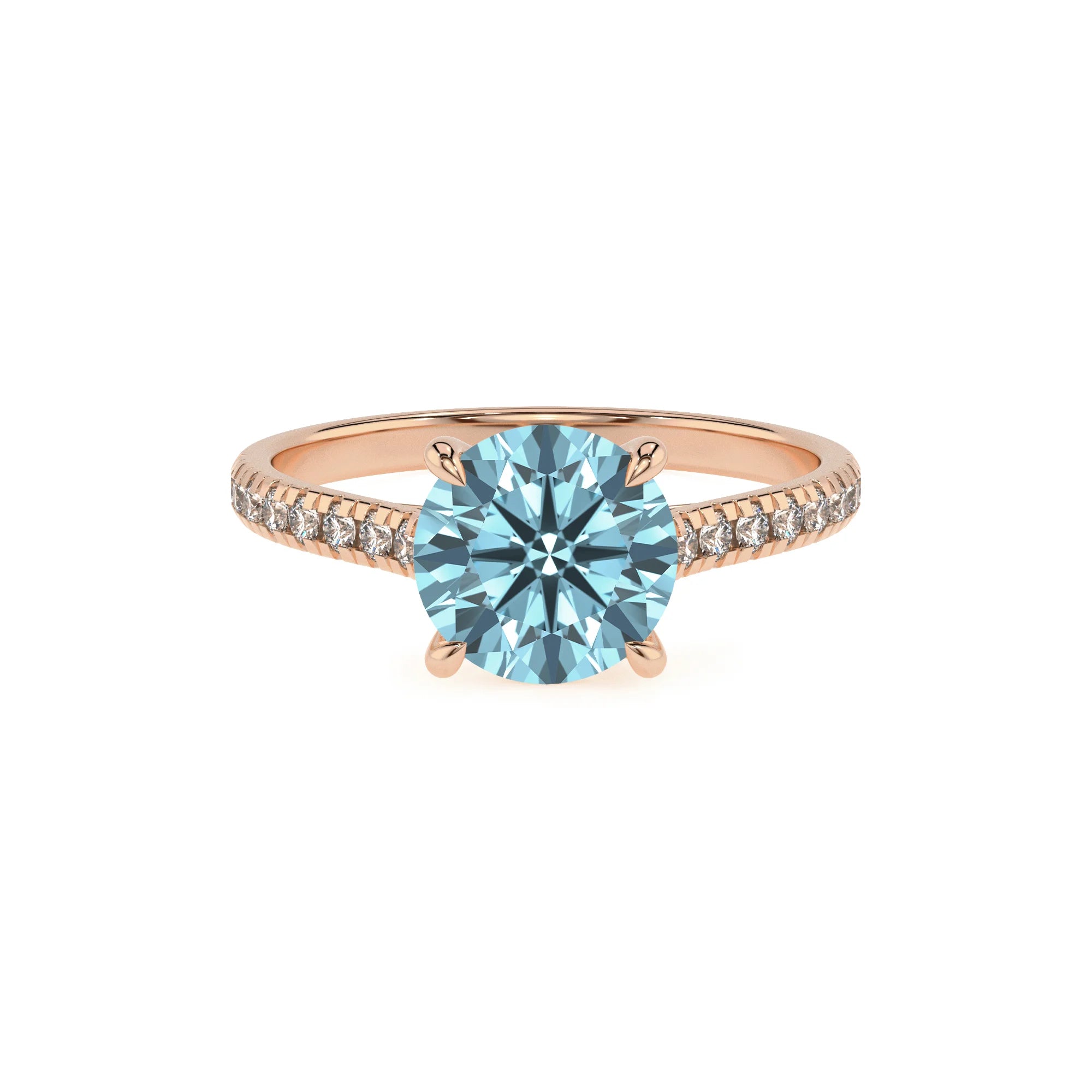 lab grown aquamarine round half eternity solitaire engagement rings in rose gold