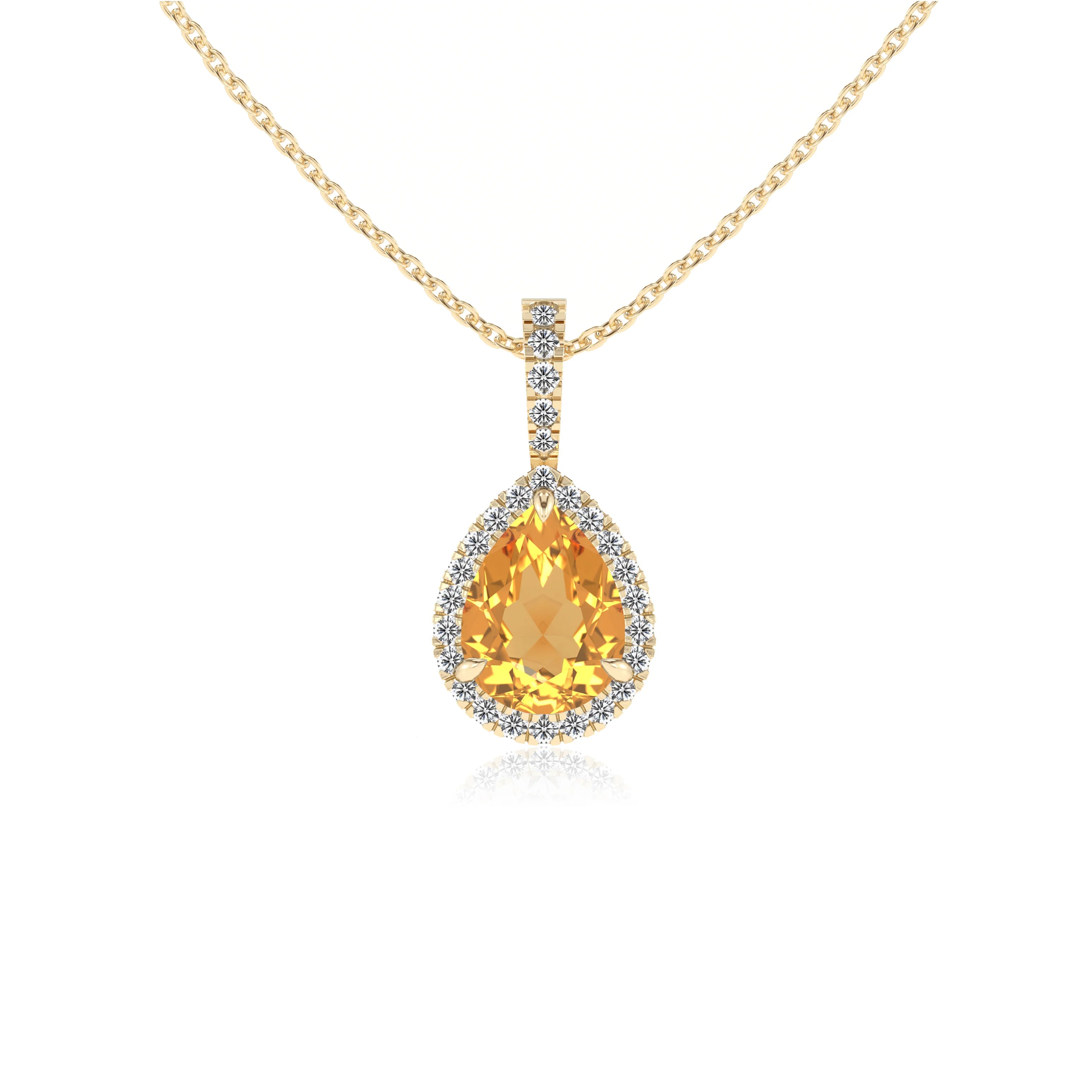 lab grown citrine pear solitaire necklaces in yellow gold