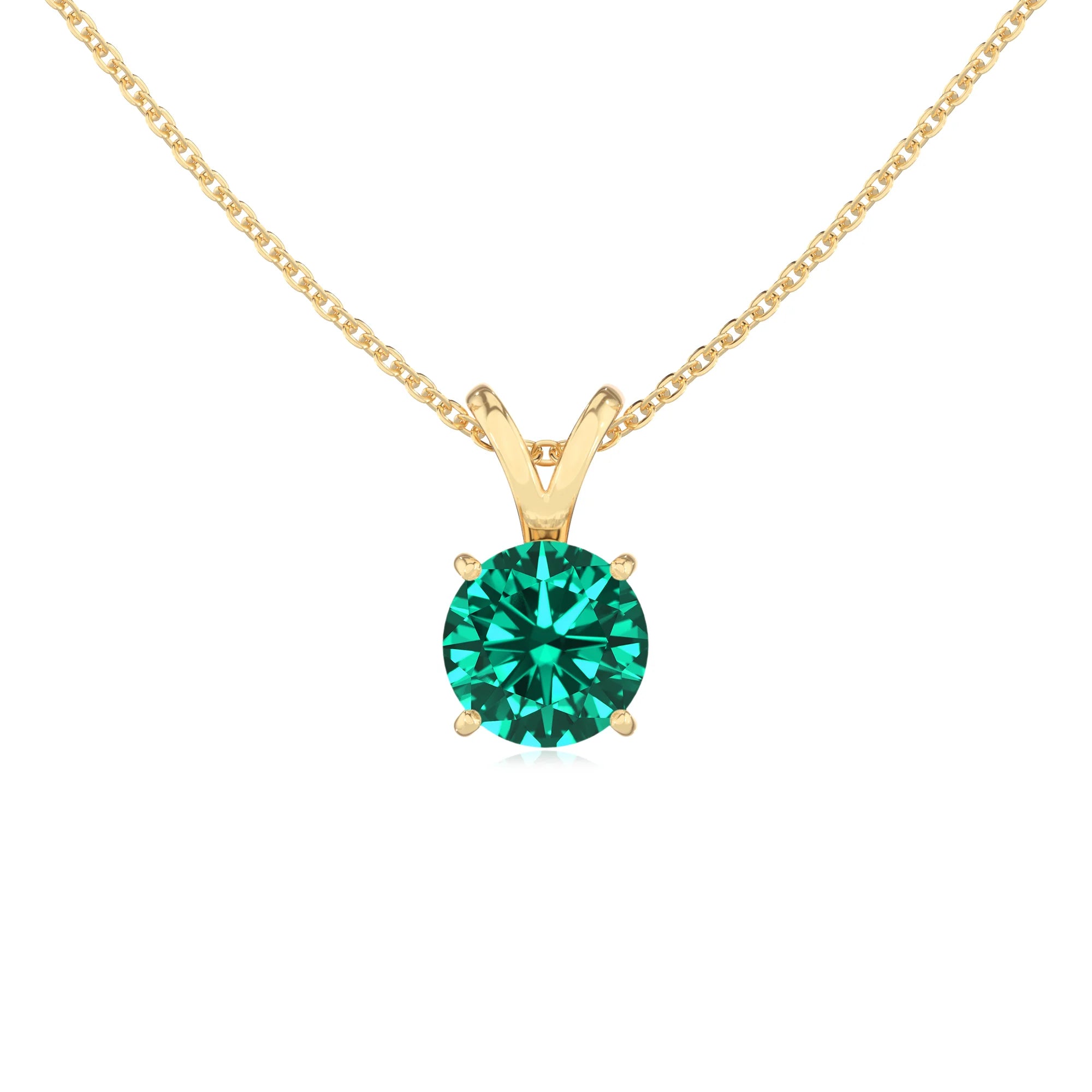 lab grown emerald round solitaire v-bale necklaces in yellow gold
