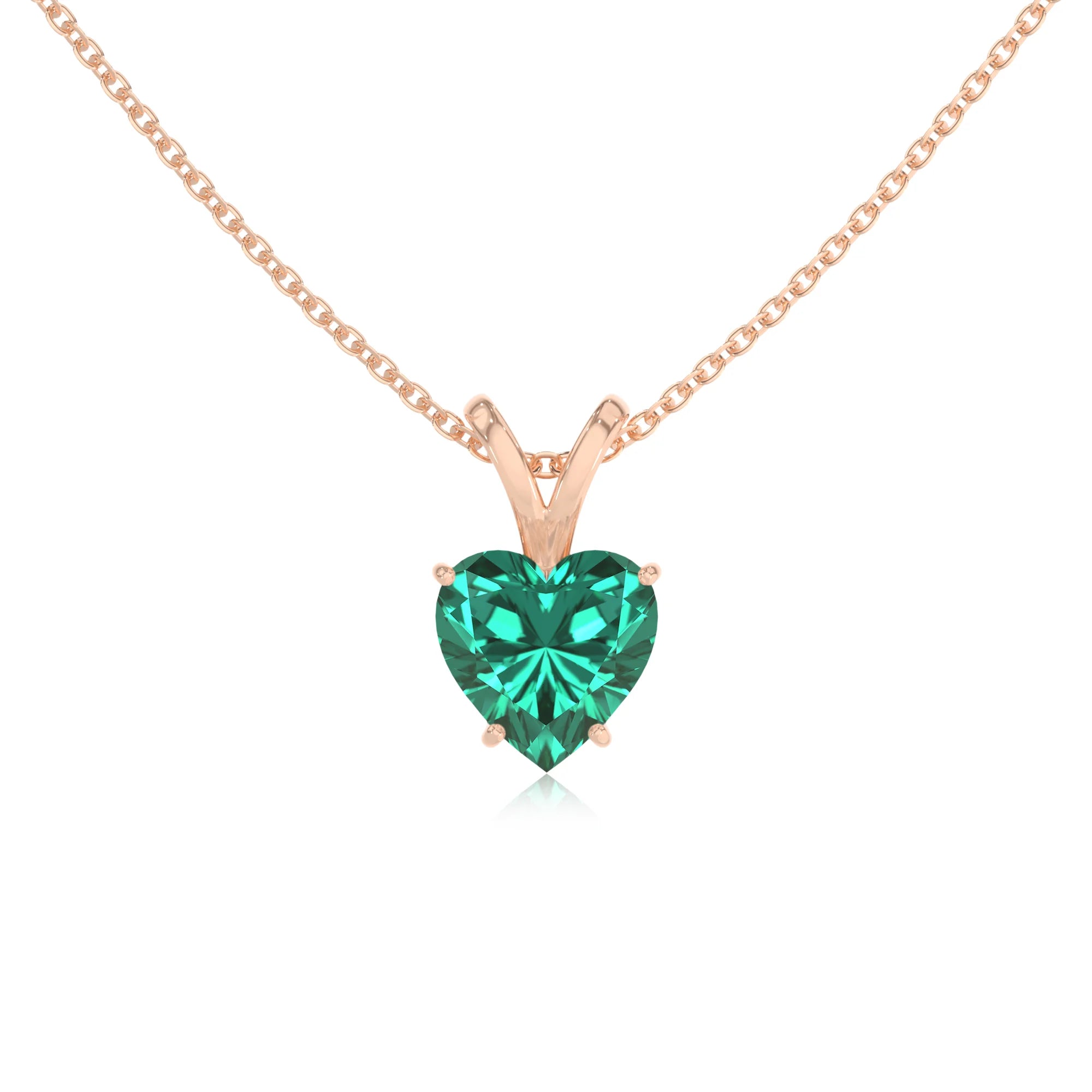 lab grown emerald heart solitaire v-bale necklaces in rose gold