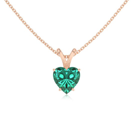 lab grown emerald heart solitaire v-bale necklaces in rose gold