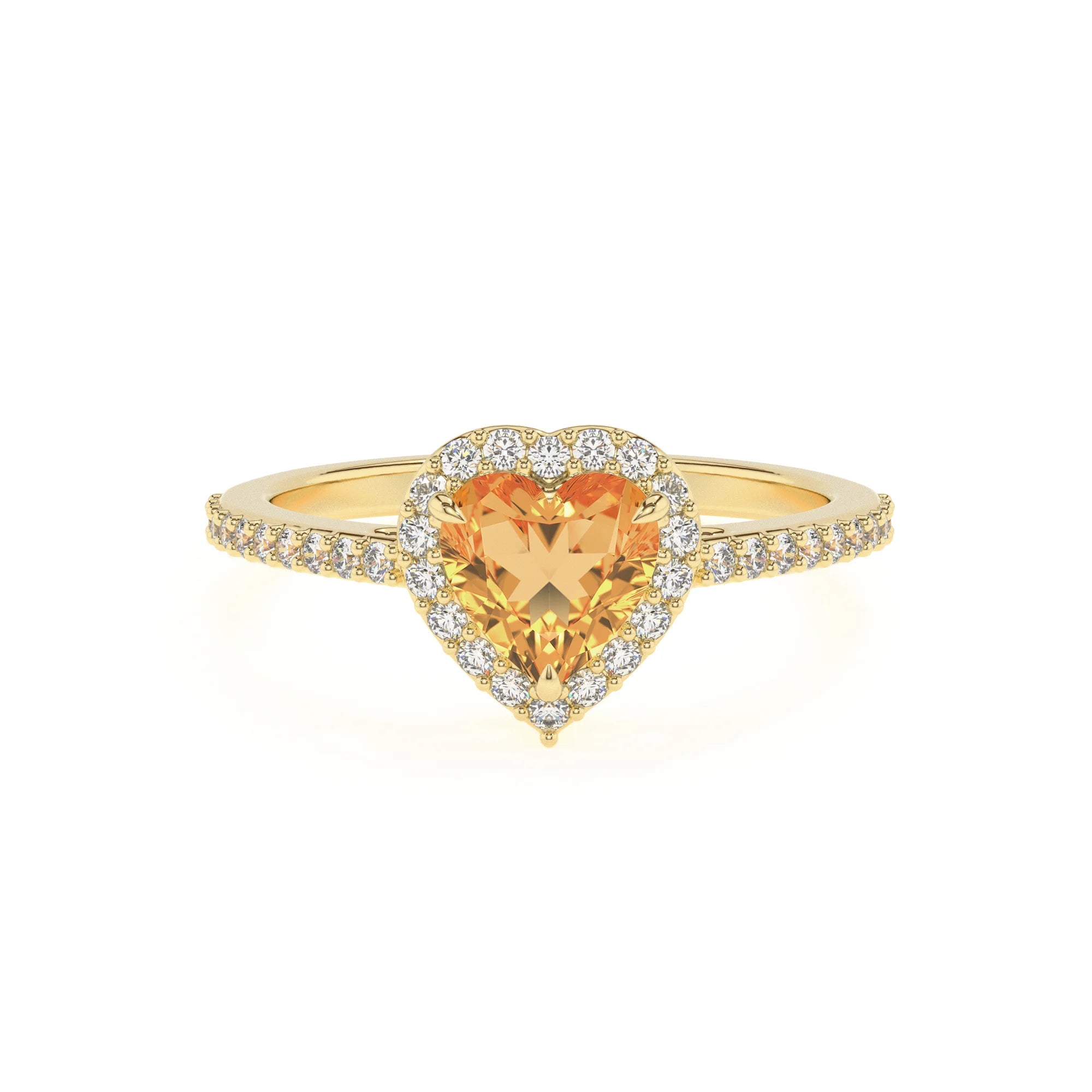 lab grown citrine heart solitaire rings in yellow gold