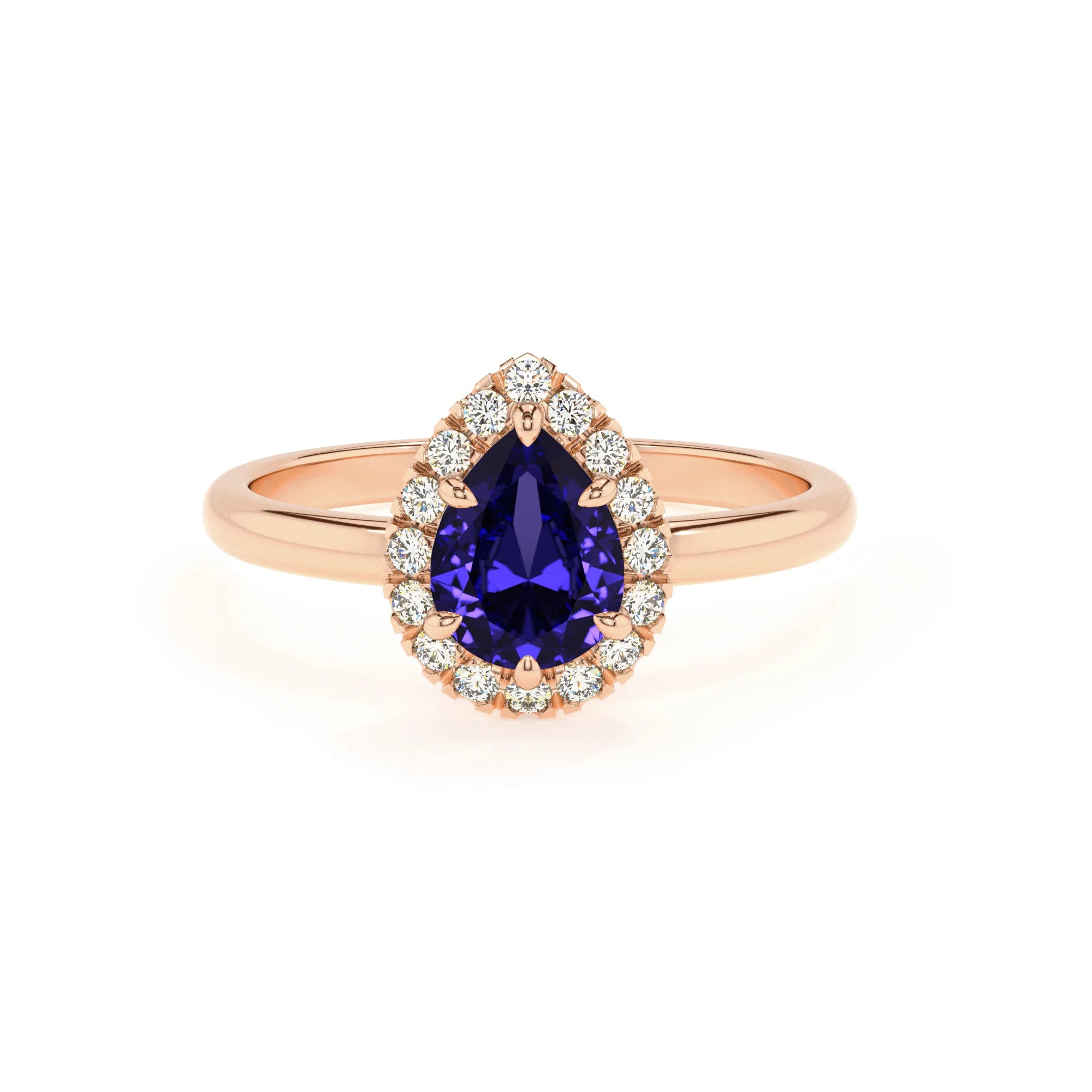 lab grown tanzanite pear solitaire rings in rose gold