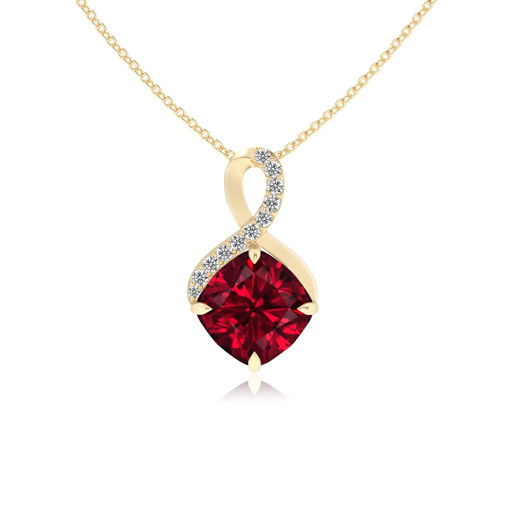 lab grown ruby cushion infinity necklaces in yellow gold