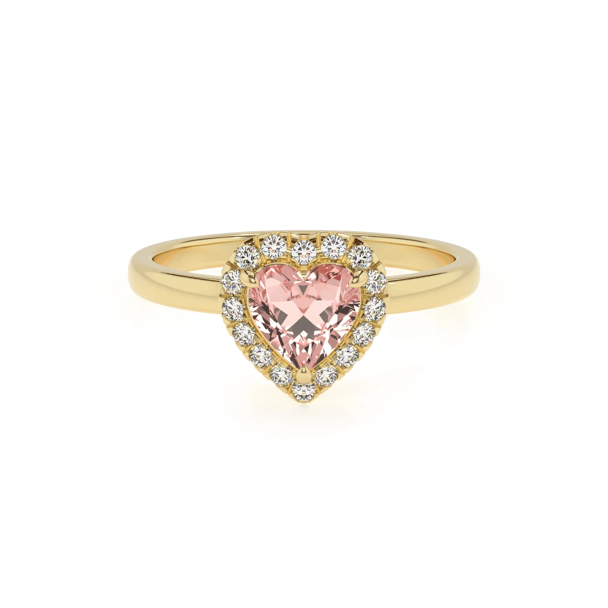 lab grown morganite heart solitaire rings in yellow gold