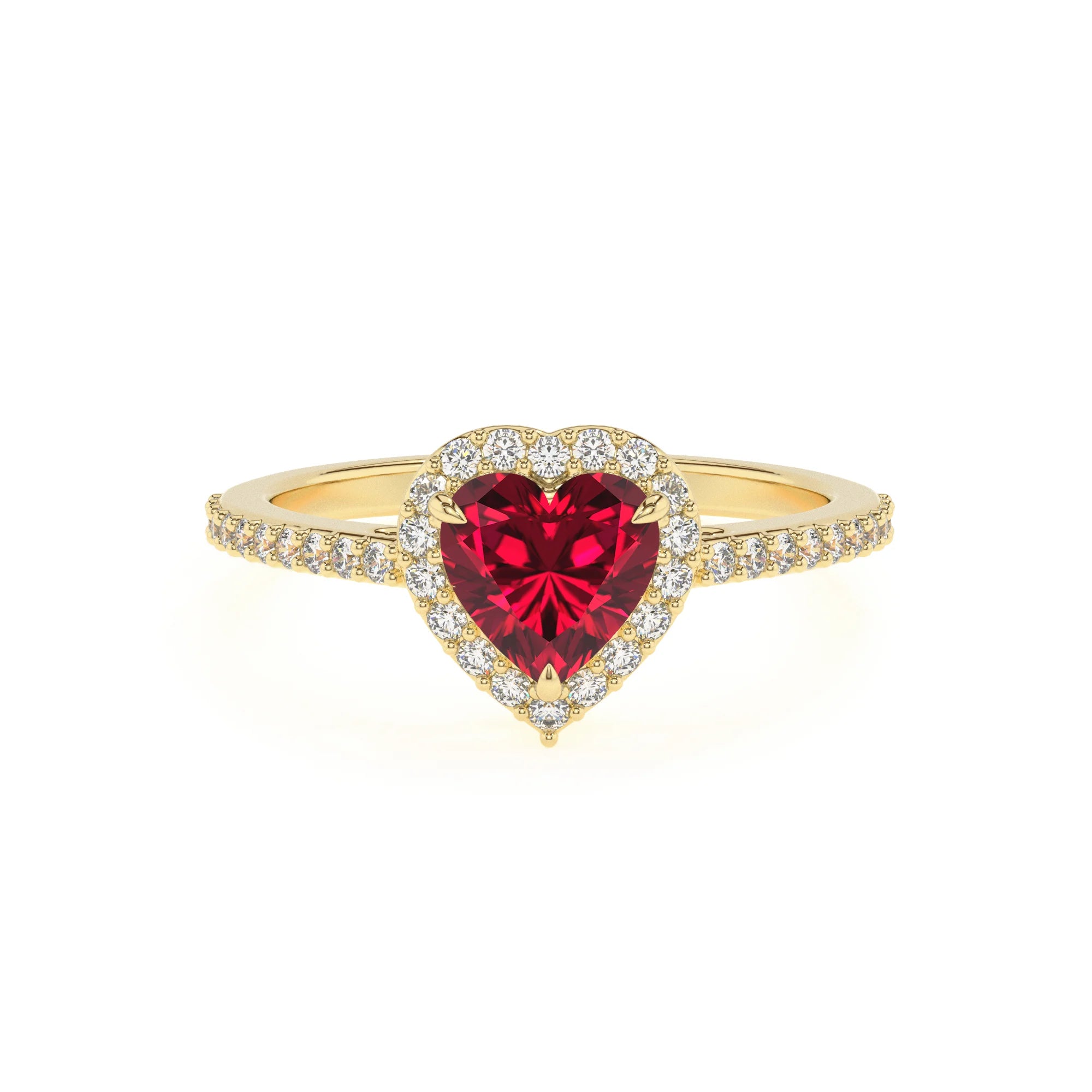 lab grown ruby heart solitaire rings in yellow gold