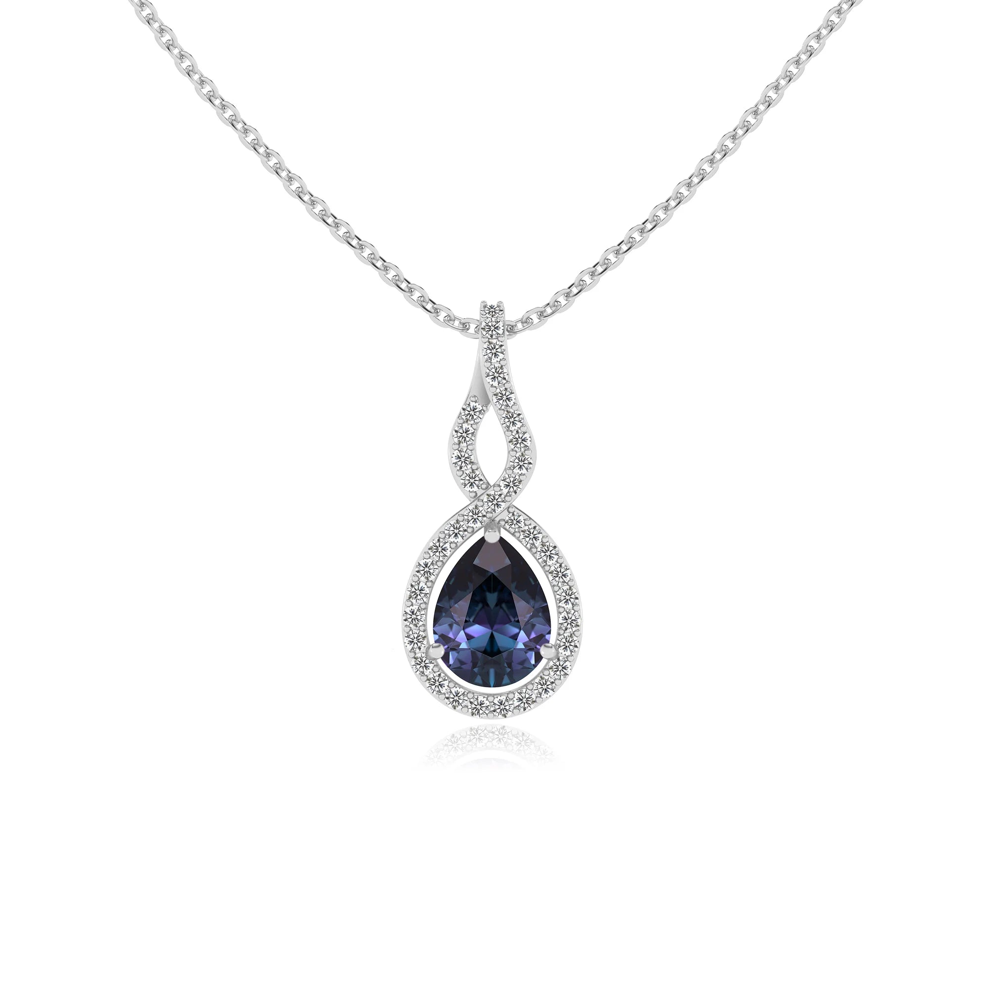 lab grown alexandrite pear necklaces in platinum