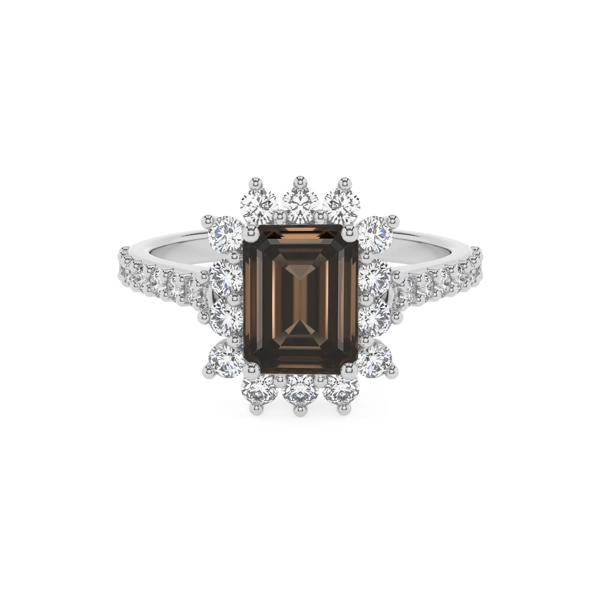 natural smoky-quartz emerald cut solitaire rings in platinum