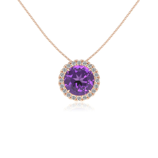 lab grown amethyst round solitaire necklaces in rose gold