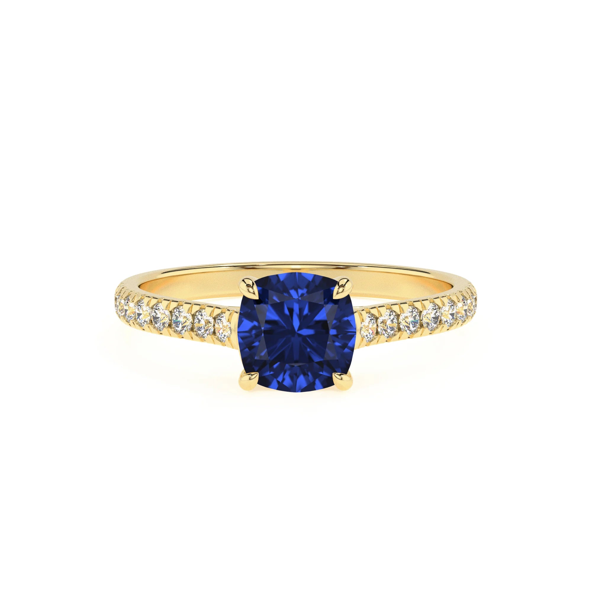 lab grown blue-sapphire cushion half eternity solitaire engagement rings in yellow gold