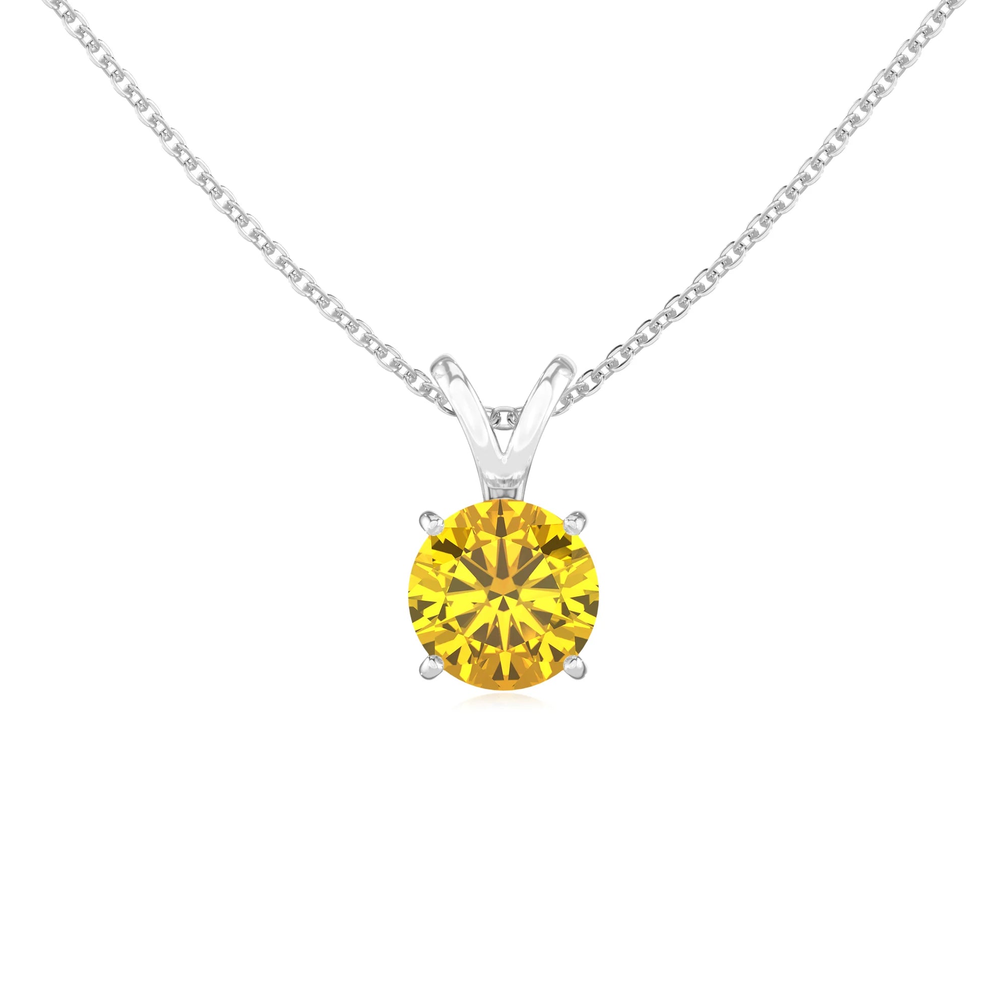 lab grown yellow-sapphire round solitaire v-bale necklaces in white gold