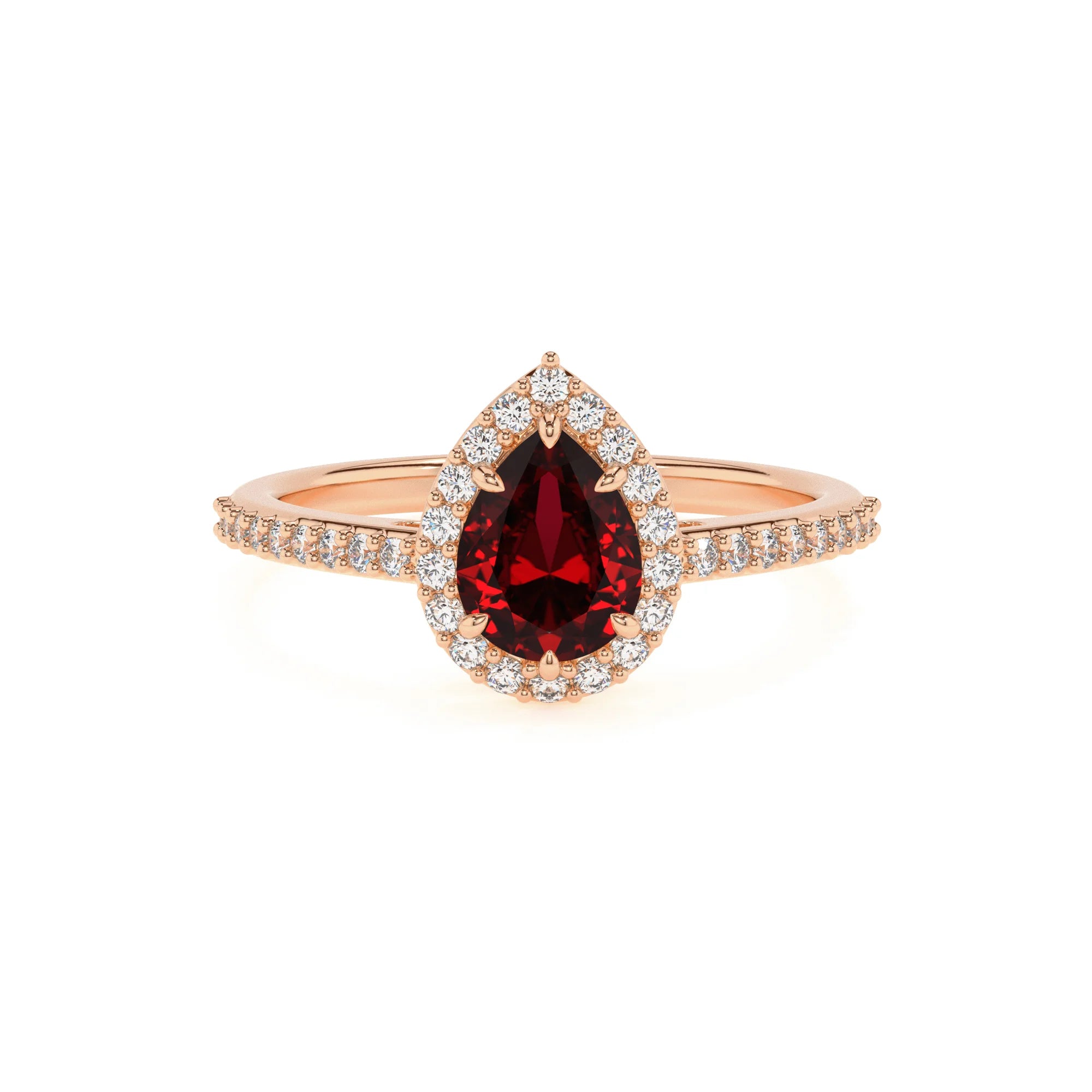 lab grown ruby pear solitaire rings in rose gold