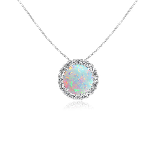 lab grown opal round solitaire necklaces in white gold