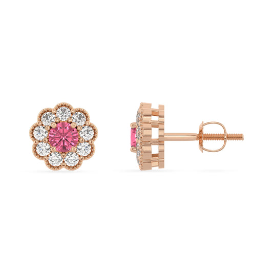 lab grown pink tourmaline round stud earrings in rose gold