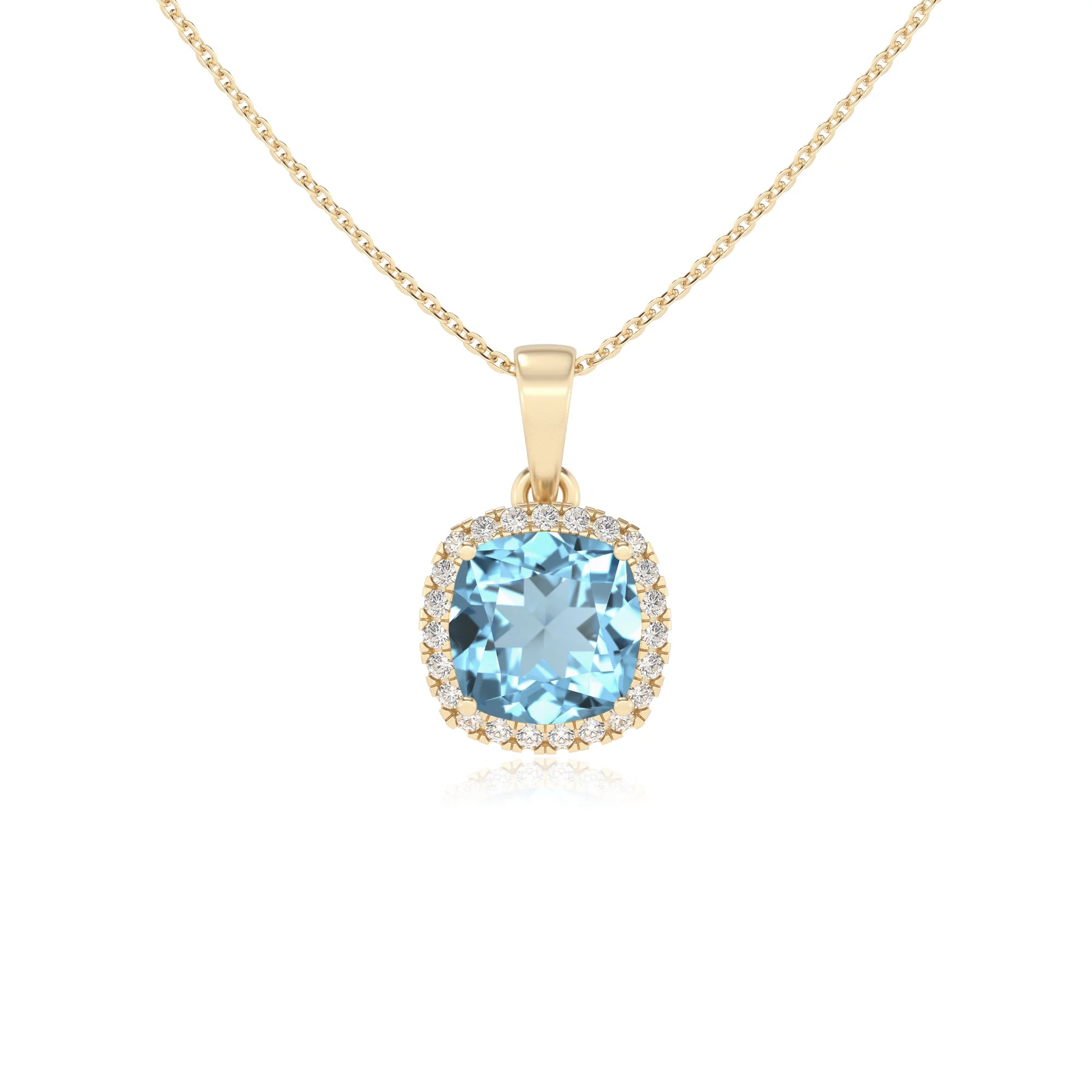 lab grown aquamarine cushion solitaire necklaces in yellow gold