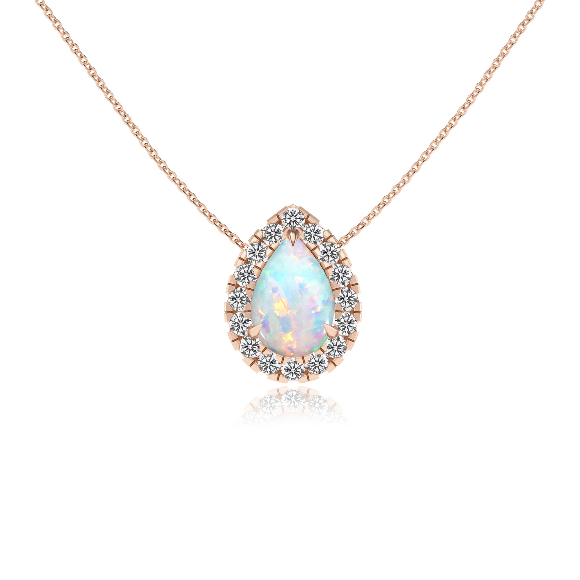 lab grown opal pear solitaire necklaces in rose gold