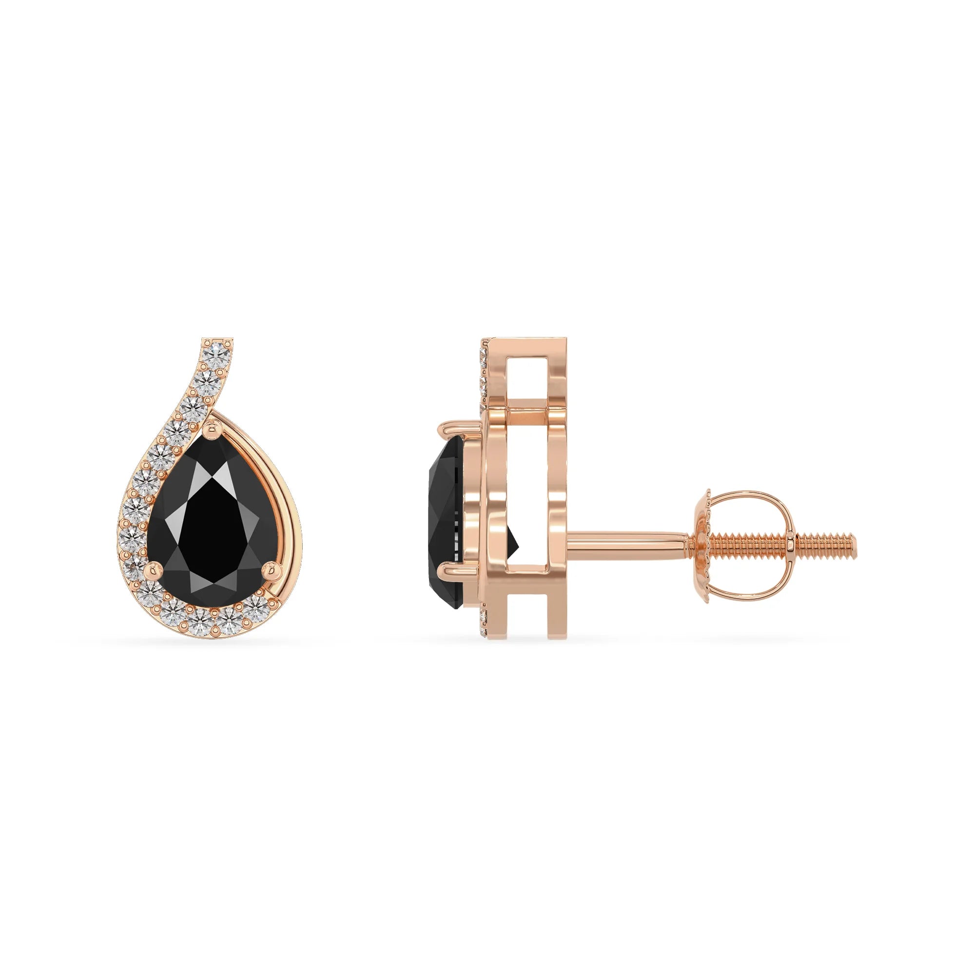 natural black onyx pear stud earrings in rose gold