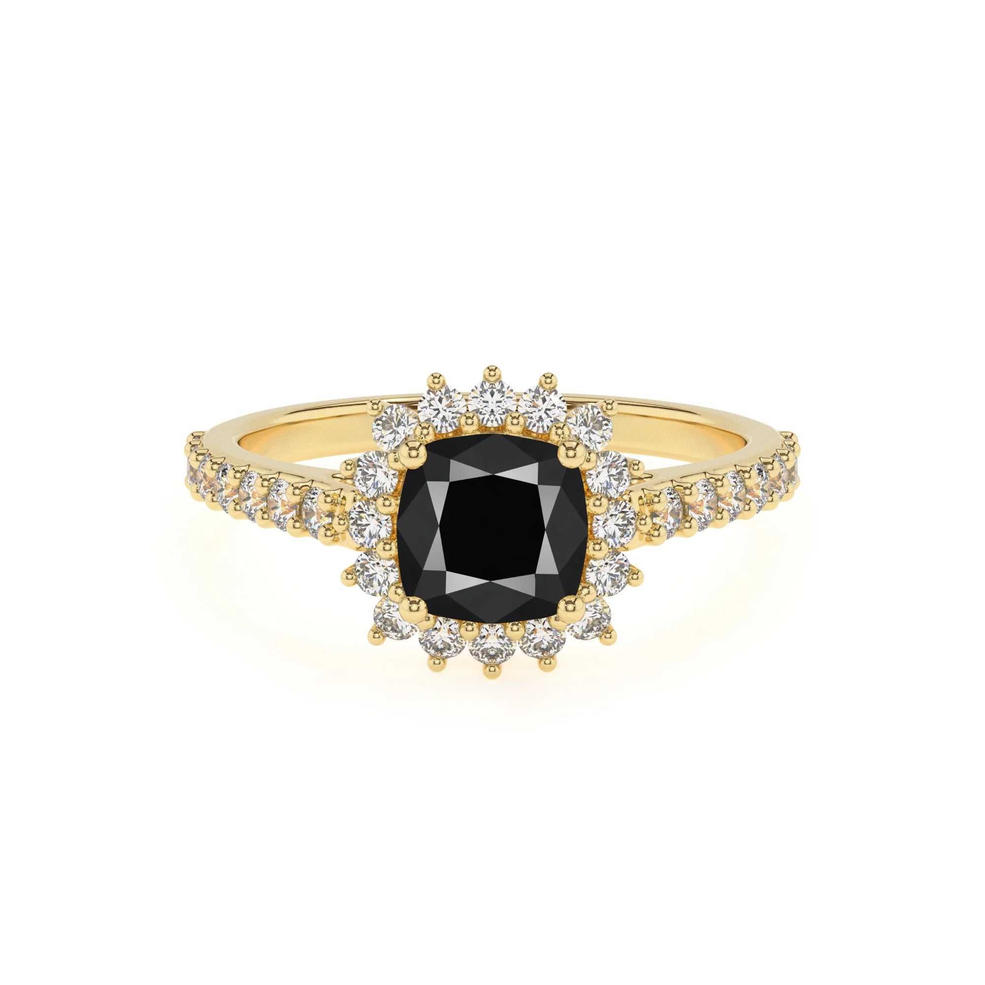 natural black-onyx cushion solitaire rings in yellow gold