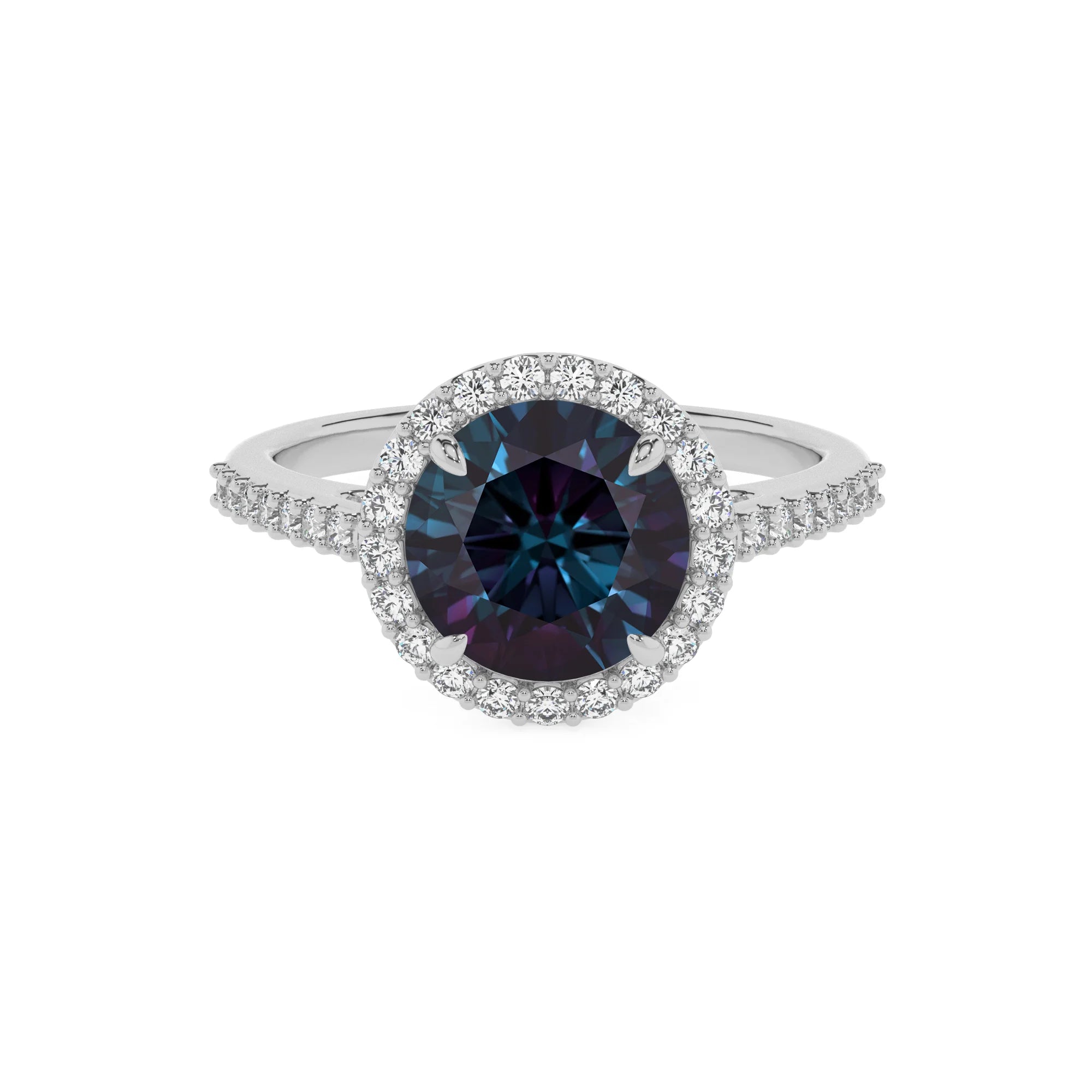 lab grown alexandrite round solitaire rings in white gold