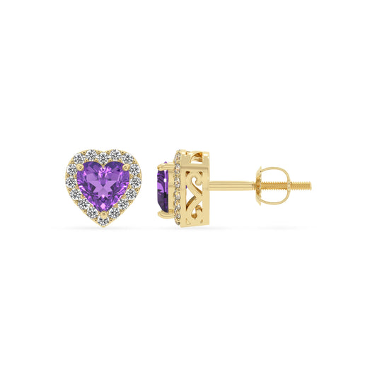 lab grown amethyst heart stud earrings in yellow gold