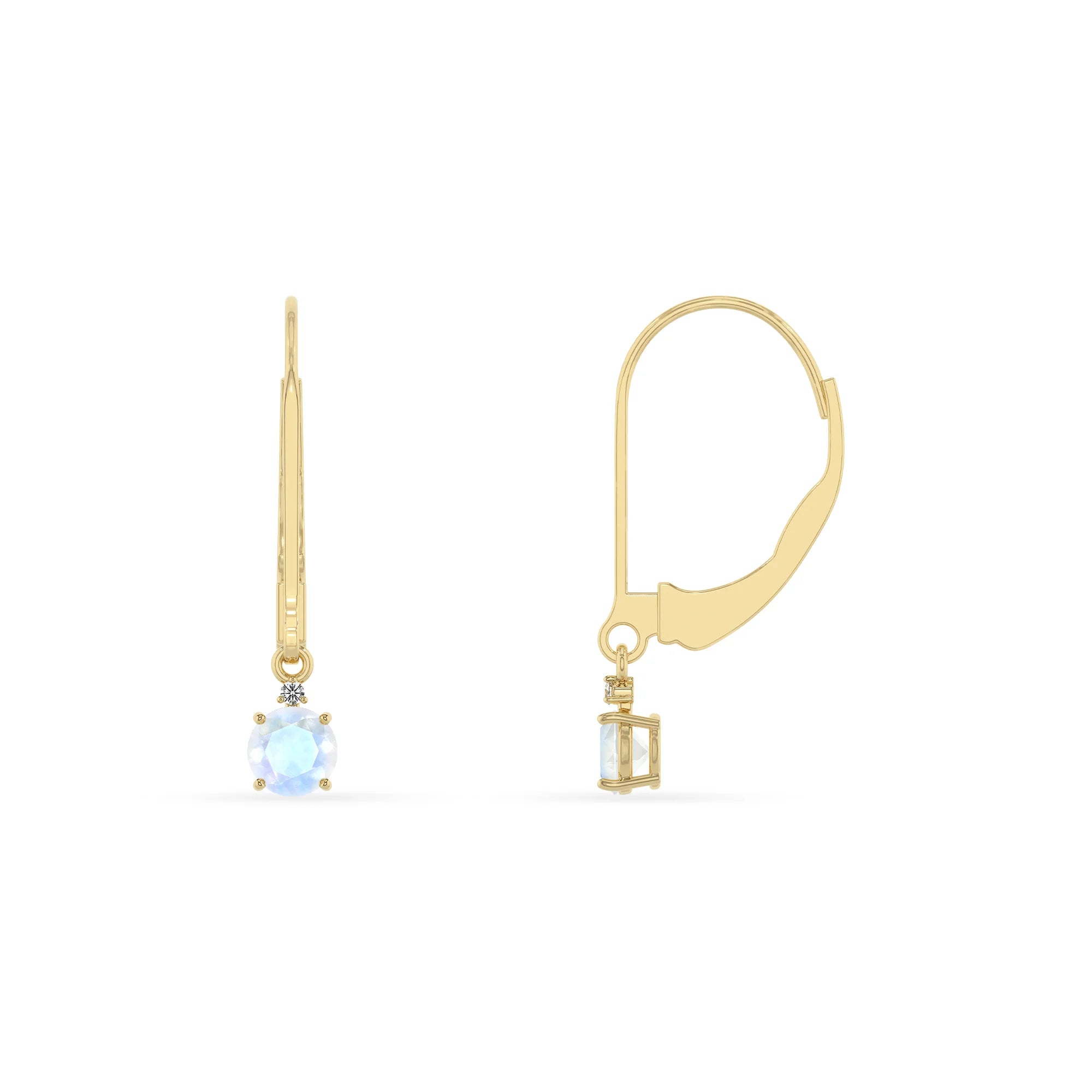 natural rainbow moonstone round drop earrings in yellow gold