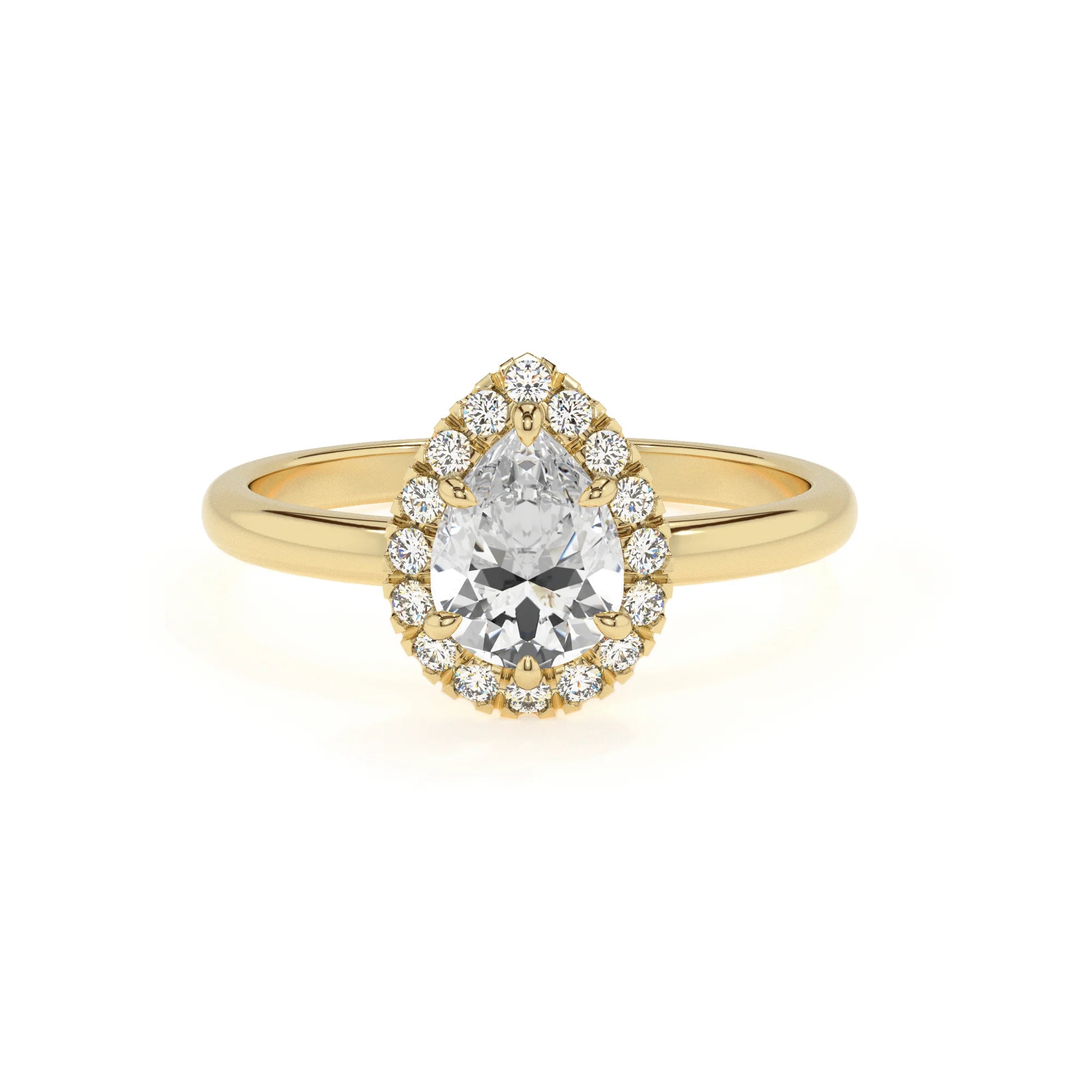 lab grown moissanite pear solitaire rings in yellow gold