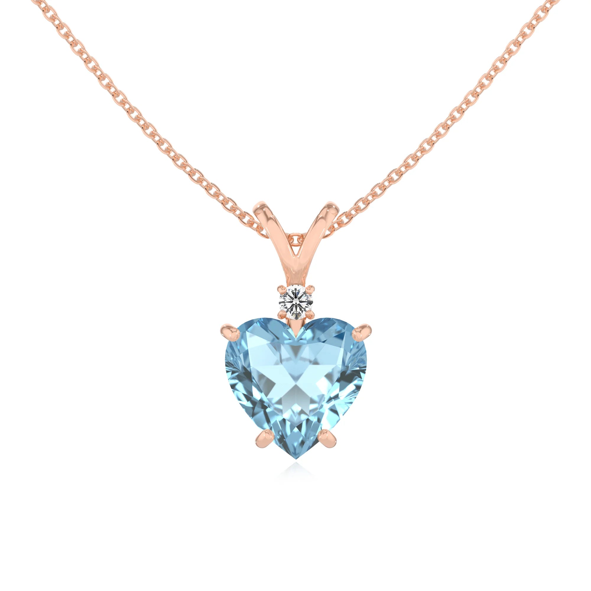 lab grown aquamarine heart solitaire v-bale necklaces in rose gold